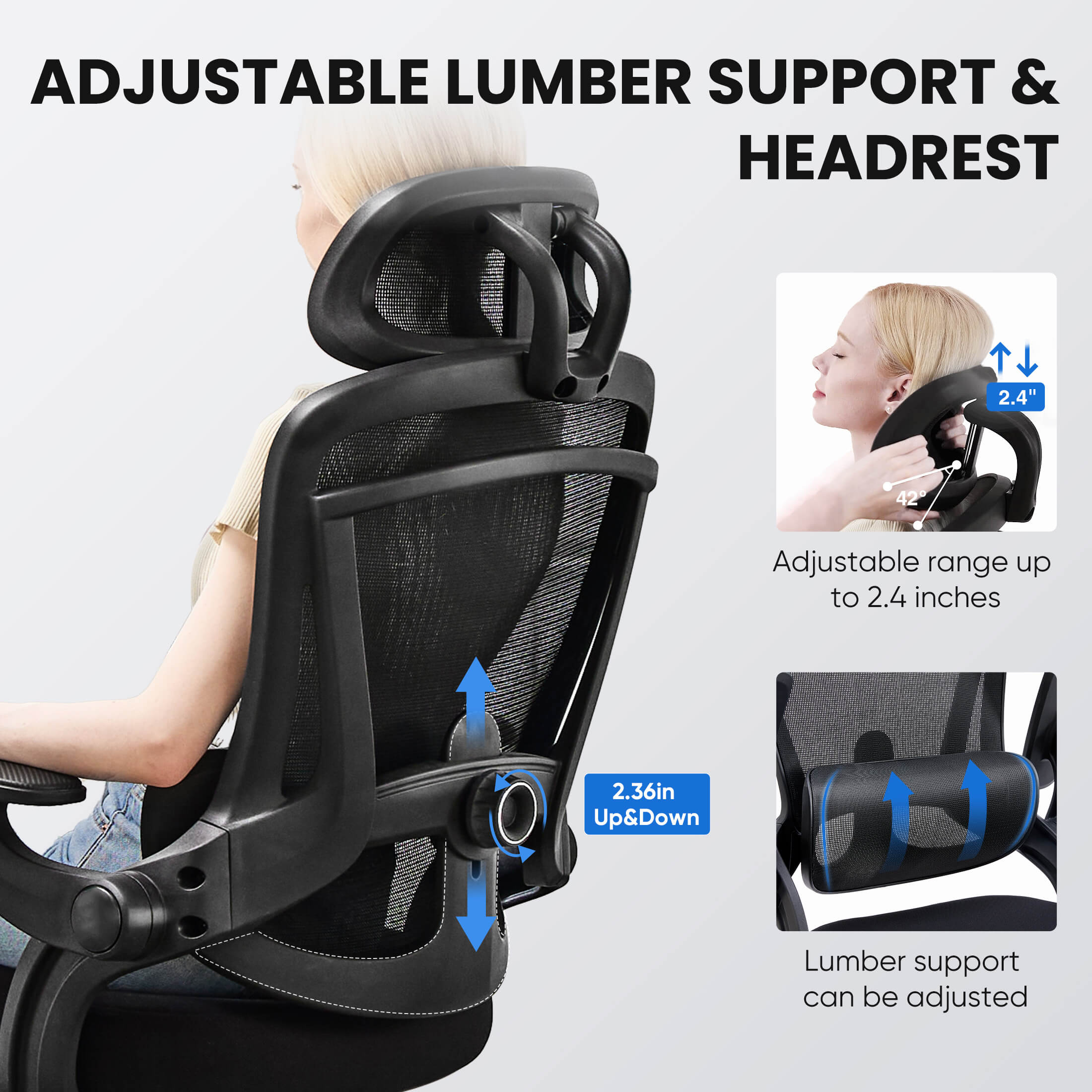 Ergonomic office chair-with adjustable lumbar support and headrest, soft flip-up armrests, height and 120° tilt adjustment