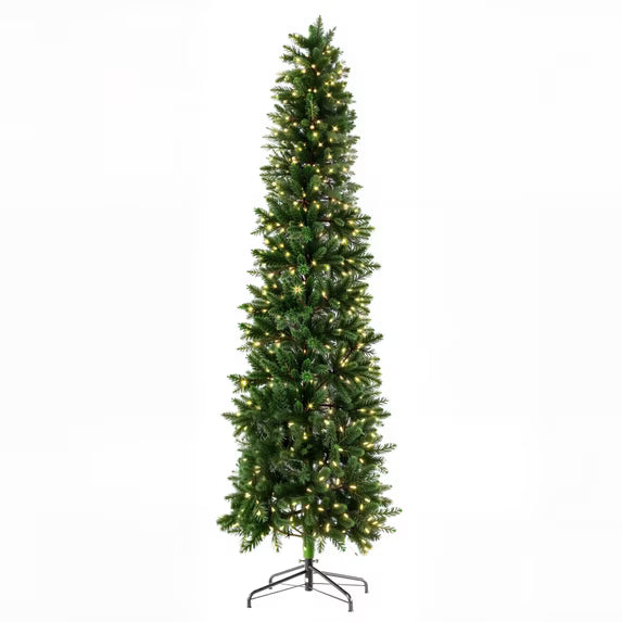 edx Pre-lit Snow Flocked Pencil Christmas Tree, Prelighted Artificial Slim Christmas Trees, With LED Lights,  Branch Tips & Foldable Base, For Home, Office, Party Decoration