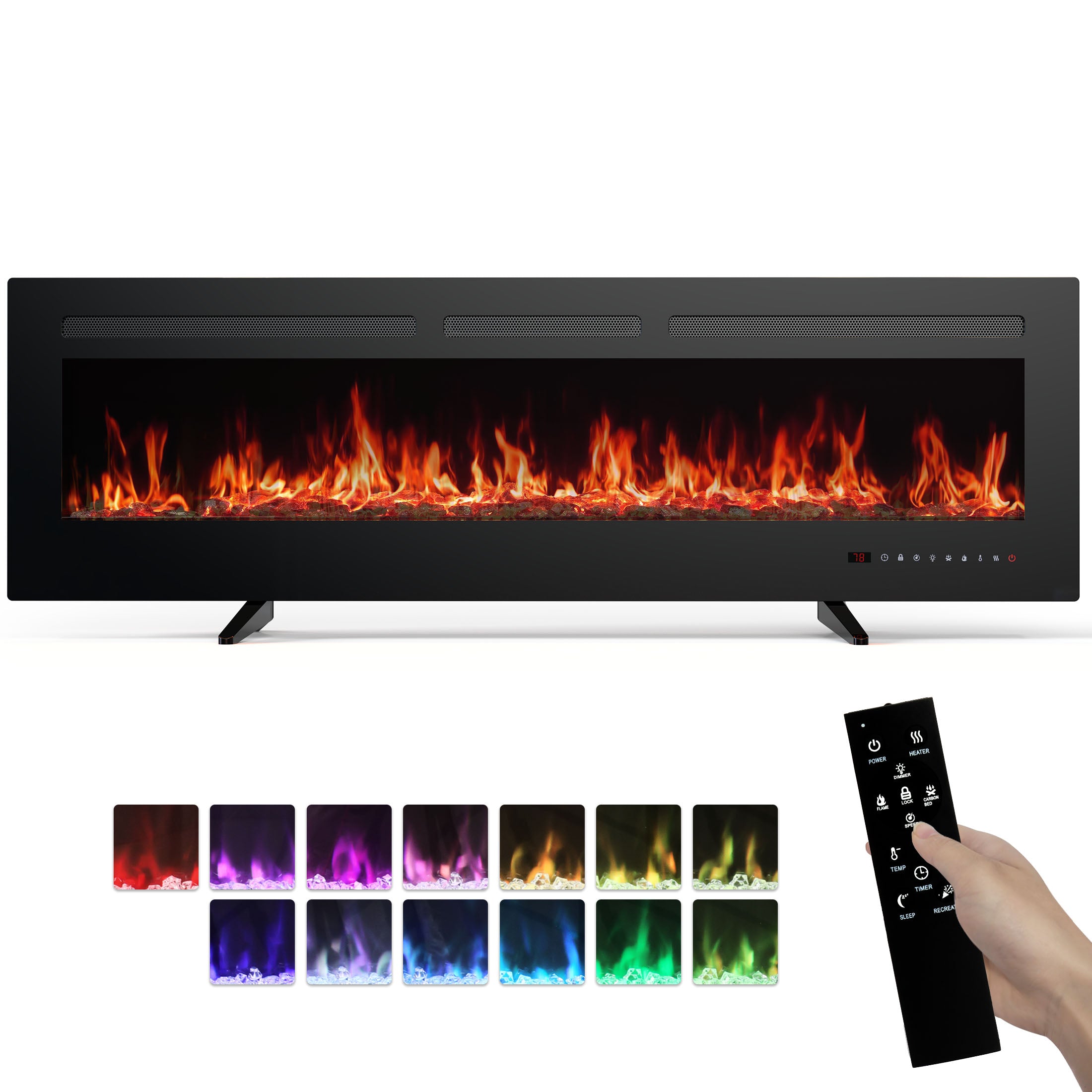 Electric Fireplace, 1500W/750W Wall Mount or Recessed Fireplace Insert and Freestanding, Electric Fireplace Heater with Remote Control,13 Adjustable Flame Color, 12H Timer, Touch Screen