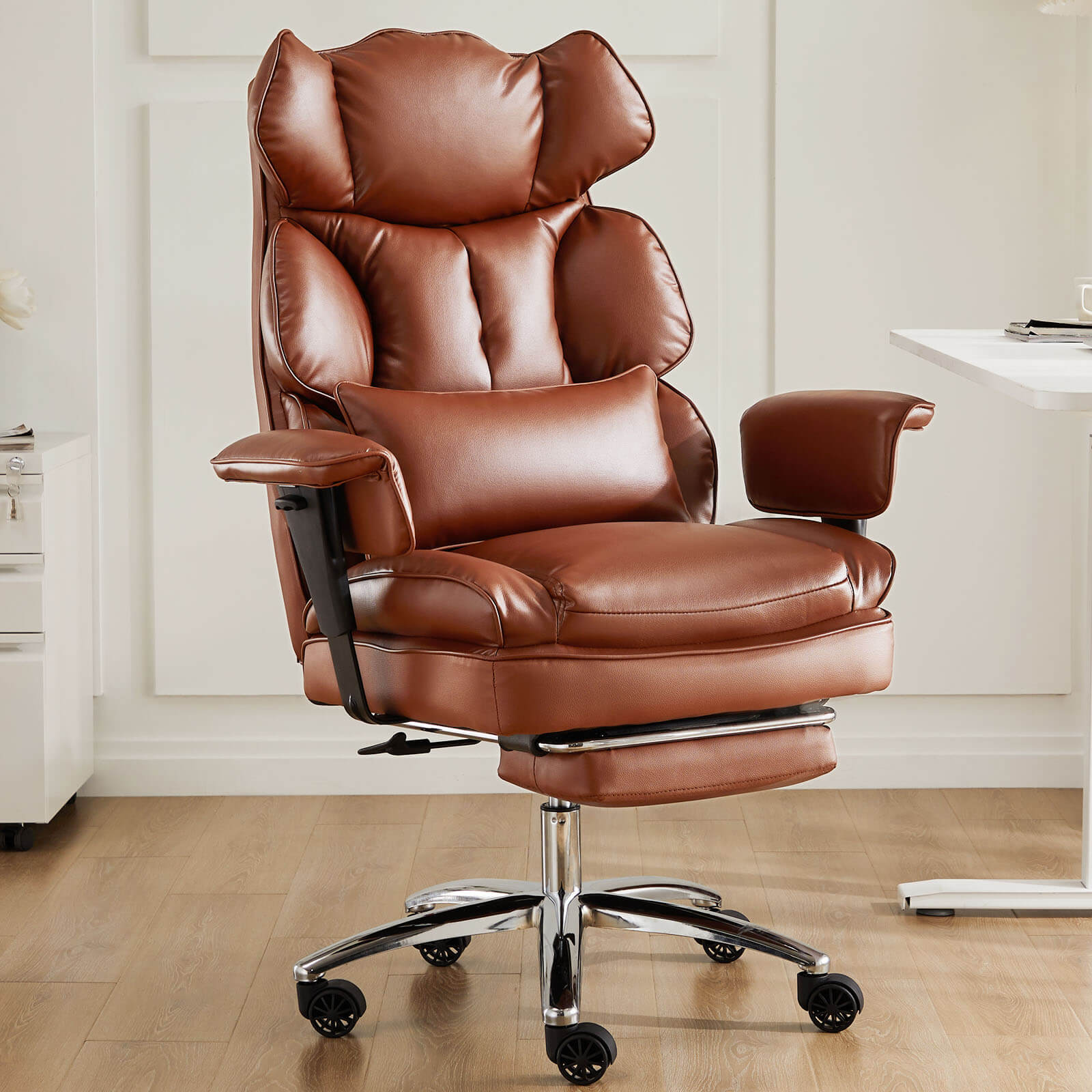 Office Computer Chair - High Back PU Leather Taipan Swivel Chair with Ergonomic Leg Rest and Lumbar Support, Height Adjustable