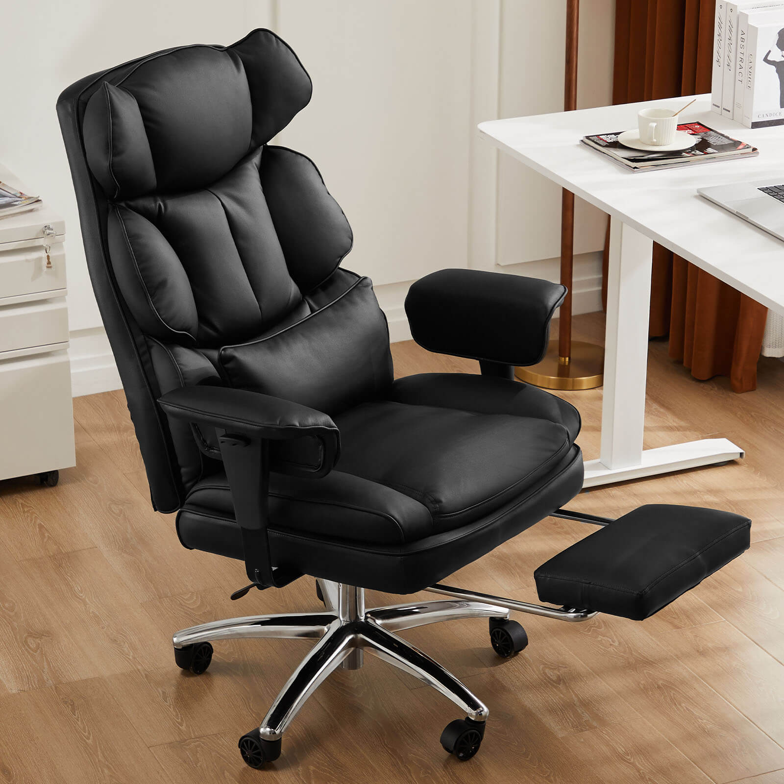 Office Computer Chair - High Back PU Leather Taipan Swivel Chair with Ergonomic Leg Rest and Lumbar Support, Height Adjustable