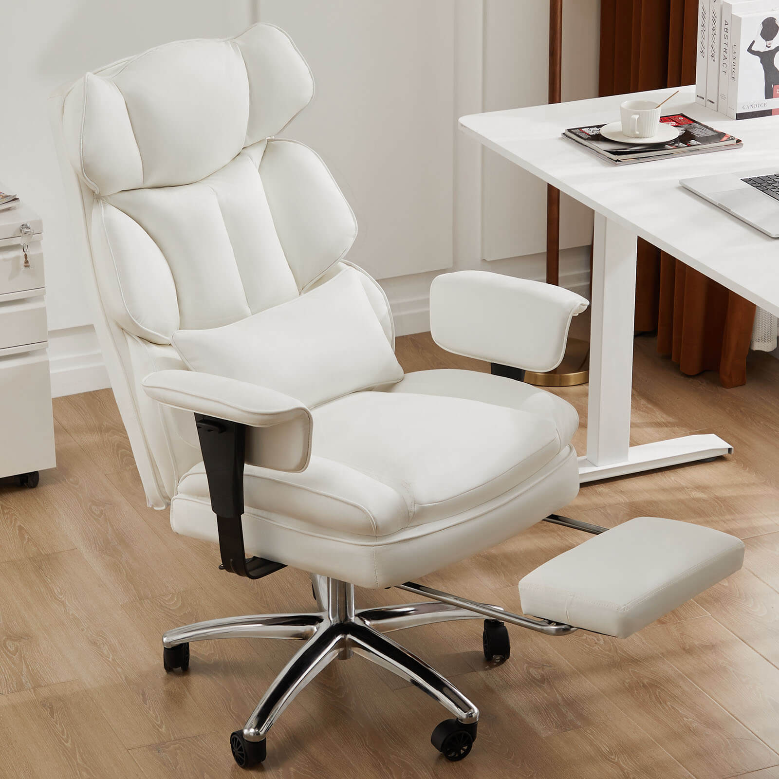 Office Computer Chair - High Back PU Leather Taipan Swivel Chair with Ergonomic Leg Rest and Lumbar Support, Height Adjustable