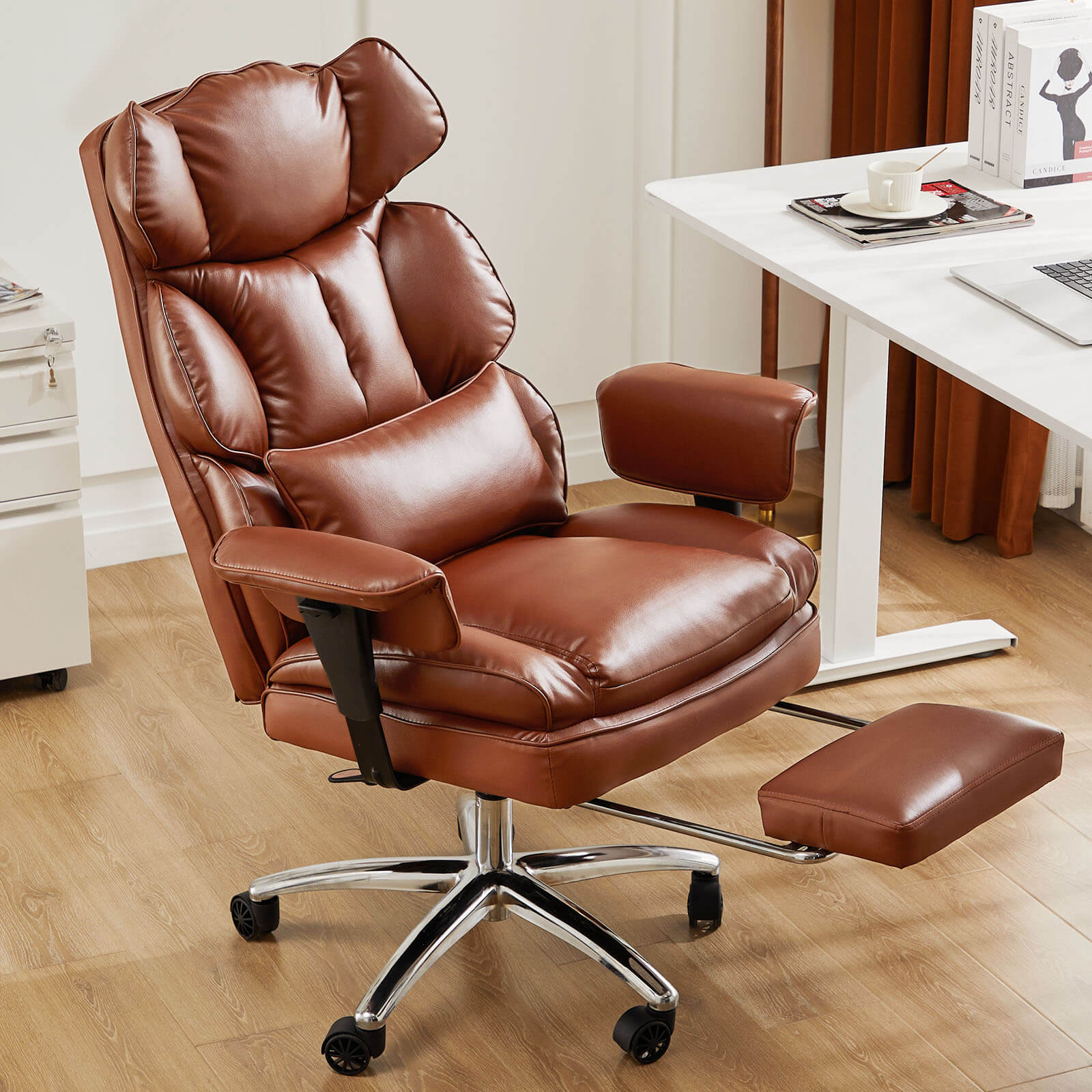 Office Computer Chair - High Back PU Leather Taipan Swivel Chair with Ergonomic Leg Rest and Lumbar Support, Height Adjustable