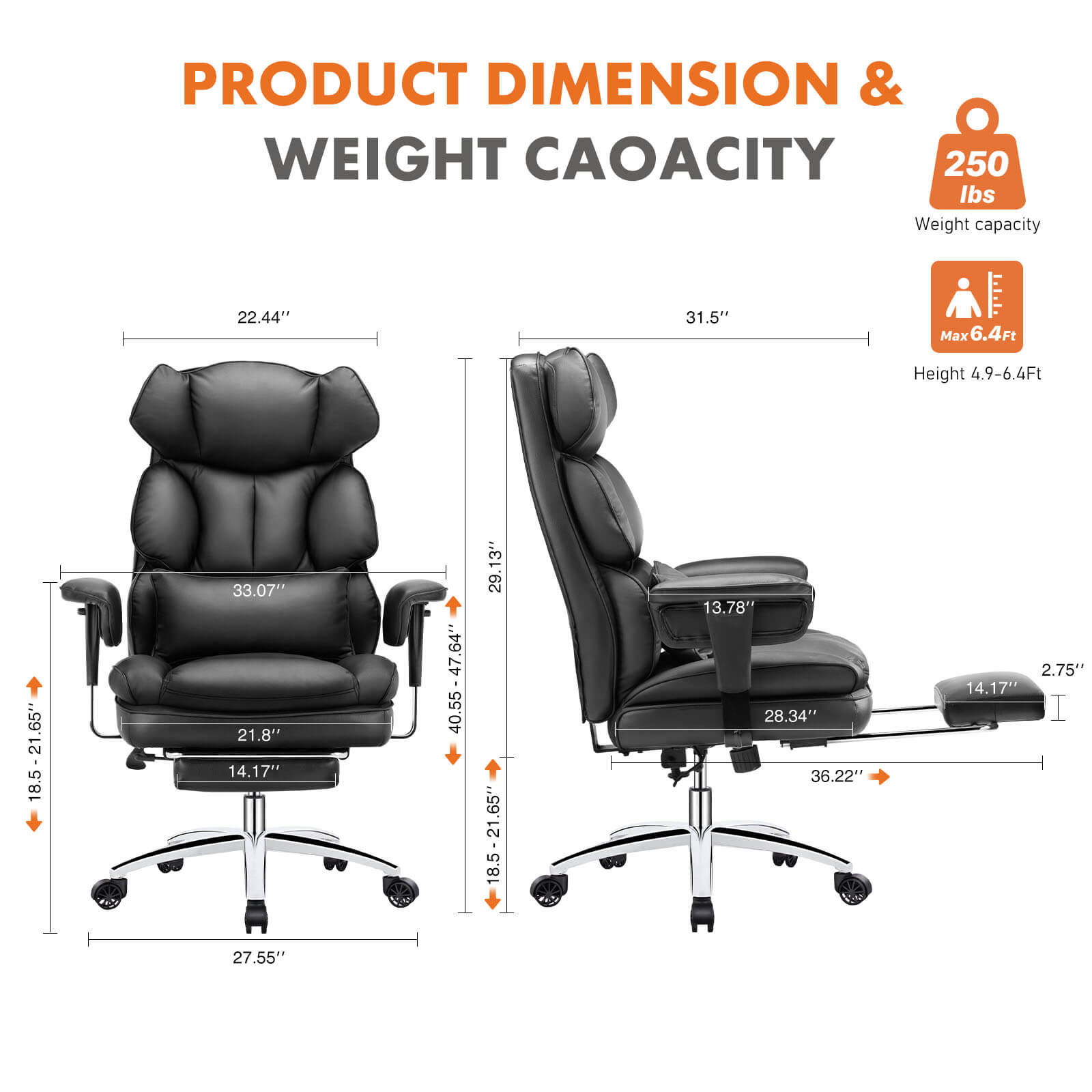 Office Computer Chair - High Back PU Leather Taipan Swivel Chair with Ergonomic Leg Rest and Lumbar Support, Height Adjustable