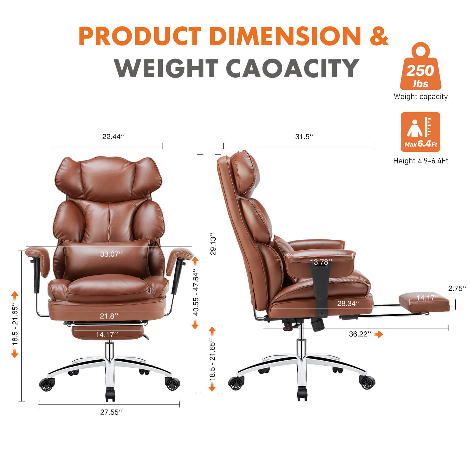 Office Computer Chair - High Back PU Leather Taipan Swivel Chair with Ergonomic Leg Rest and Lumbar Support, Height Adjustable