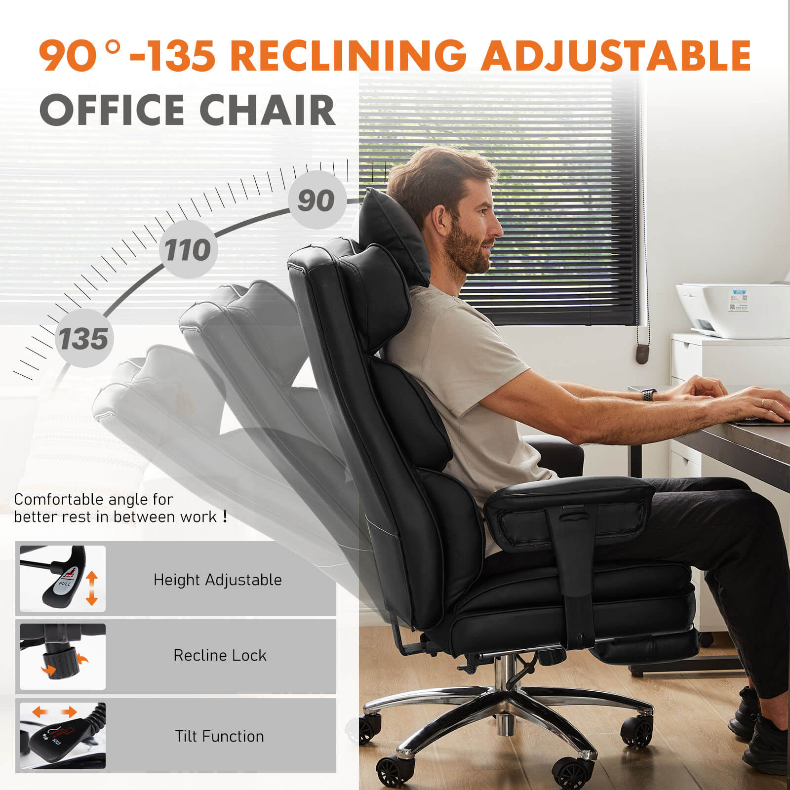 Office Computer Chair - High Back PU Leather Taipan Swivel Chair with Ergonomic Leg Rest and Lumbar Support, Height Adjustable