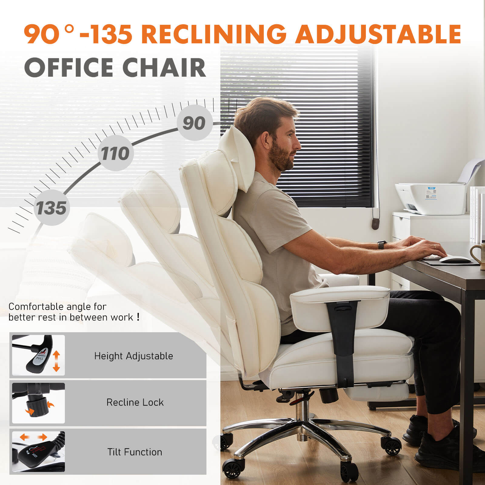 Office Computer Chair - High Back PU Leather Taipan Swivel Chair with Ergonomic Leg Rest and Lumbar Support, Height Adjustable