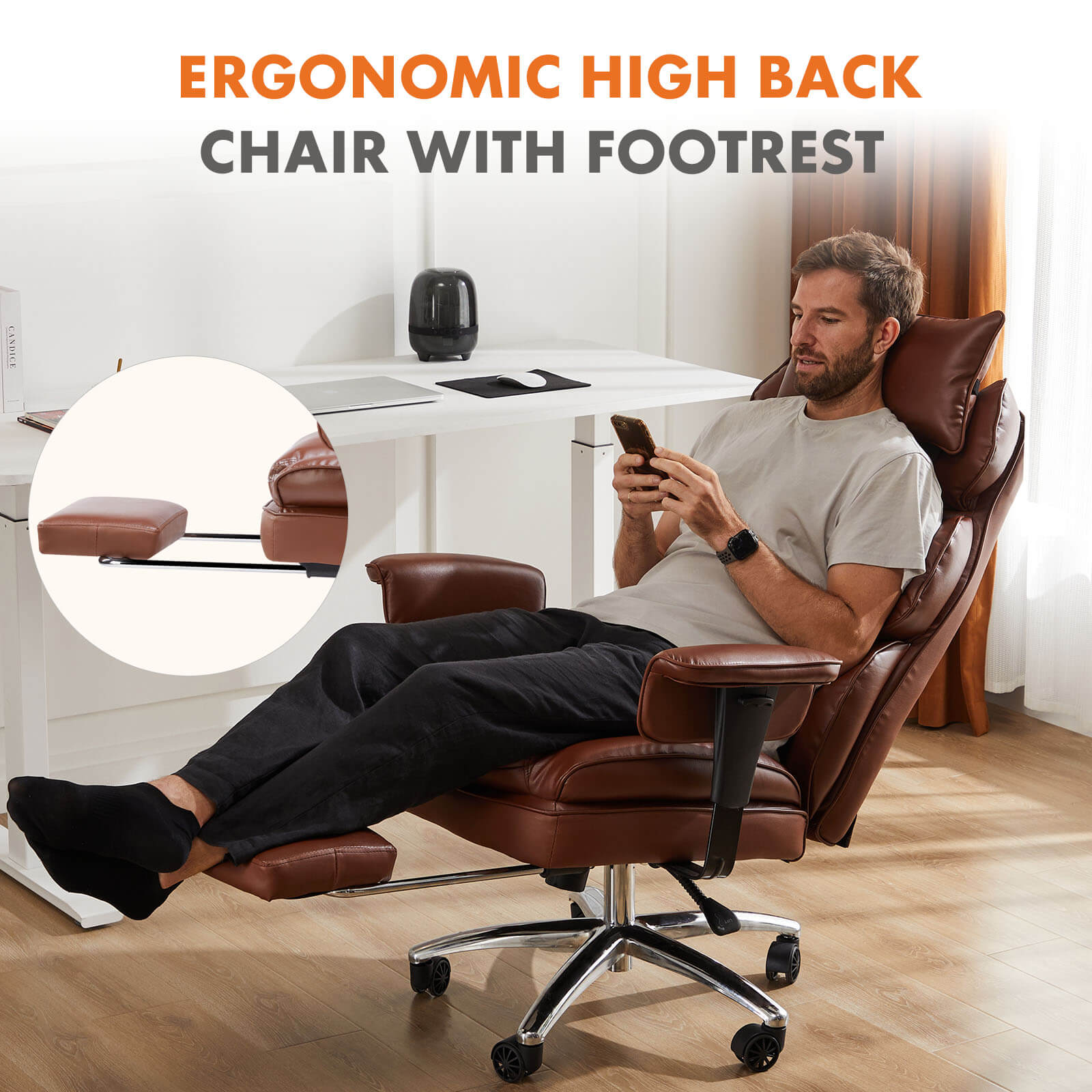 Office Computer Chair - High Back PU Leather Taipan Swivel Chair with Ergonomic Leg Rest and Lumbar Support, Height Adjustable