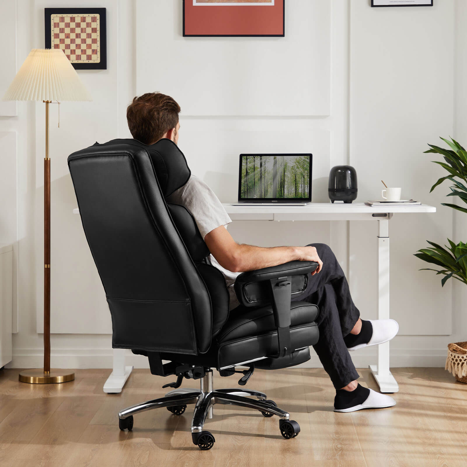 Office Computer Chair - High Back PU Leather Taipan Swivel Chair with Ergonomic Leg Rest and Lumbar Support, Height Adjustable