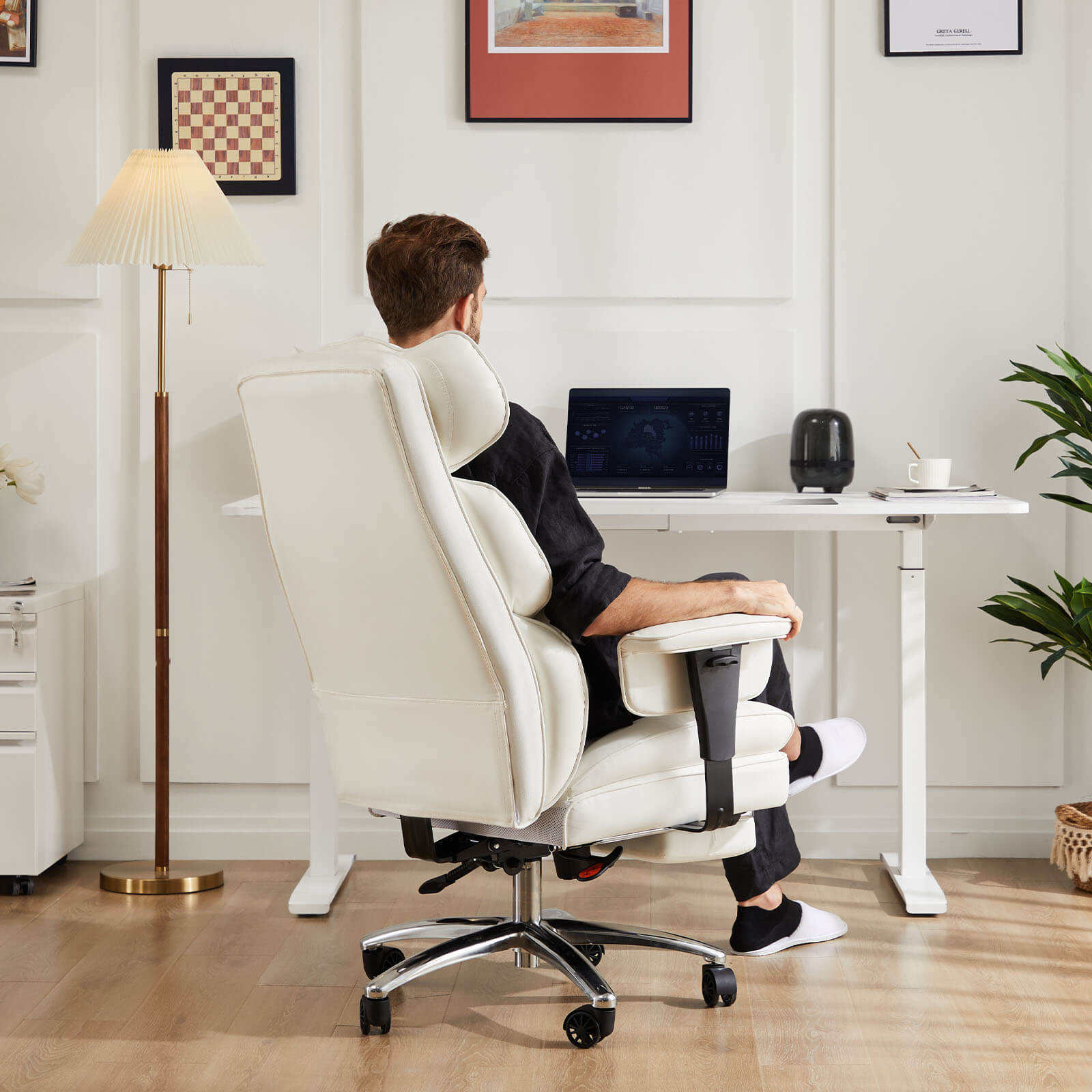 Office Computer Chair - High Back PU Leather Taipan Swivel Chair with Ergonomic Leg Rest and Lumbar Support, Height Adjustable