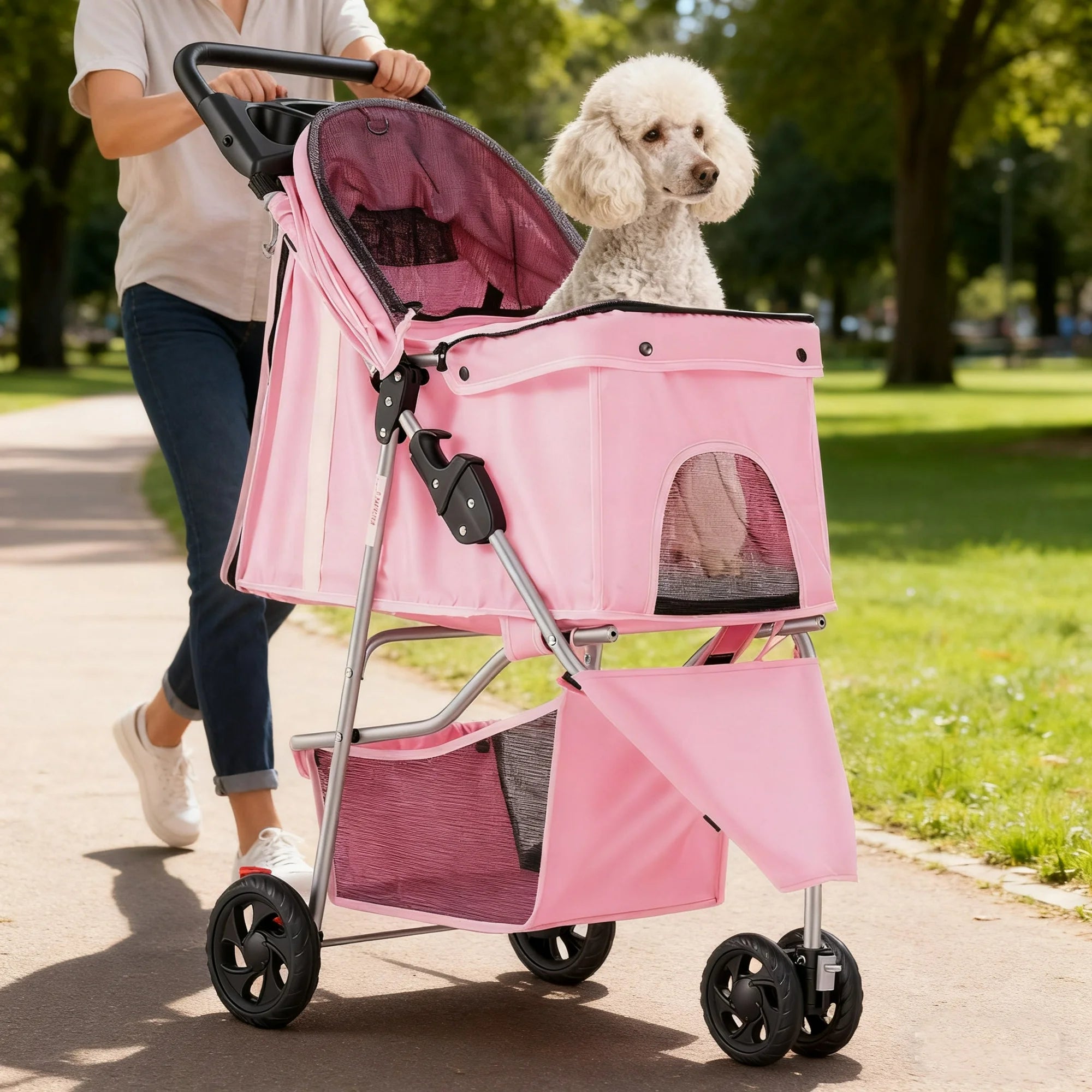 edx 3 Wheels Pet Stroller, Dog and Cat Strollers, With Storage Basket and Cup Holder, Lightweight Travel Carrier, Breathable Mesh, Waterproof and Foldable for Small Pets Outdoor Walk