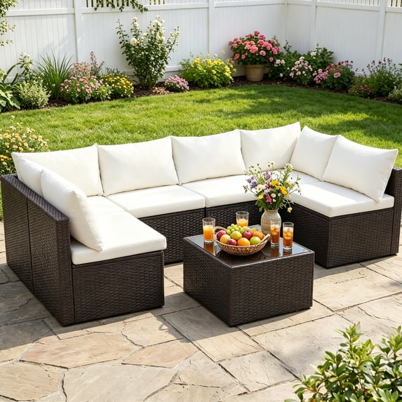 EDX 7 Piece Outdoor Wicker Patio Furniture Set, PE Rattan Sectional Conversation Set with Tempered Glass Coffee Table, Washable Cushions & Pillows for Backyard, Garden, Poolside