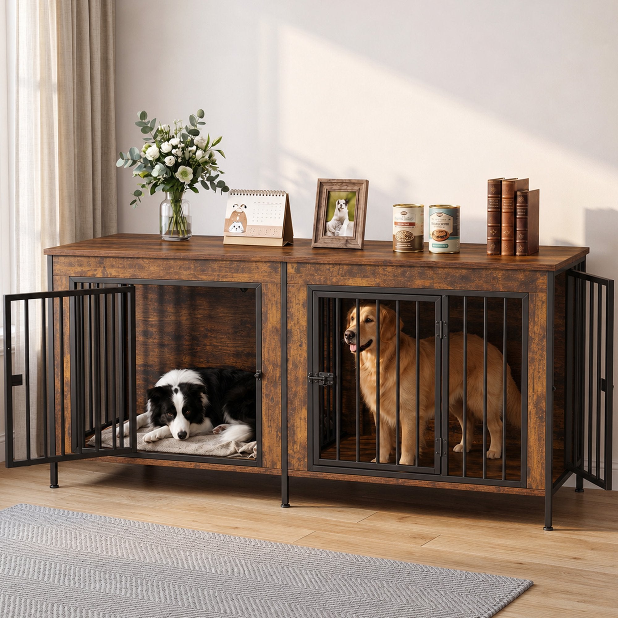 EDX Double Dog Crate Furniture for 2 Dogs,Heavy Duty Dog Kennel Furniture with Divider,Indoor Pet House End Table TV Stand with Extra Large Double Door