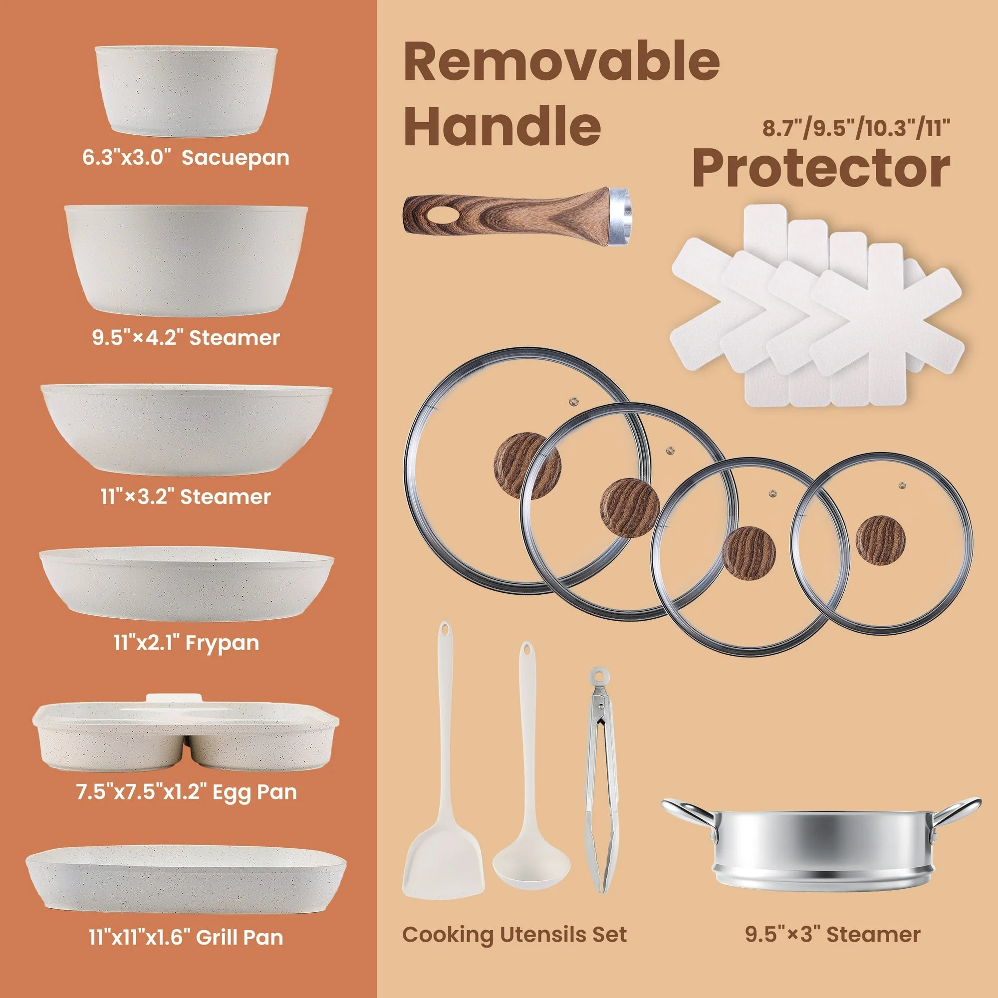 EDX 17-Piece Non-Stick Ceramic Granite Cookware Set with Stay-Cool Handles, Induction Compatible Pots and Pans Set for Healthy Cooking, Beige
