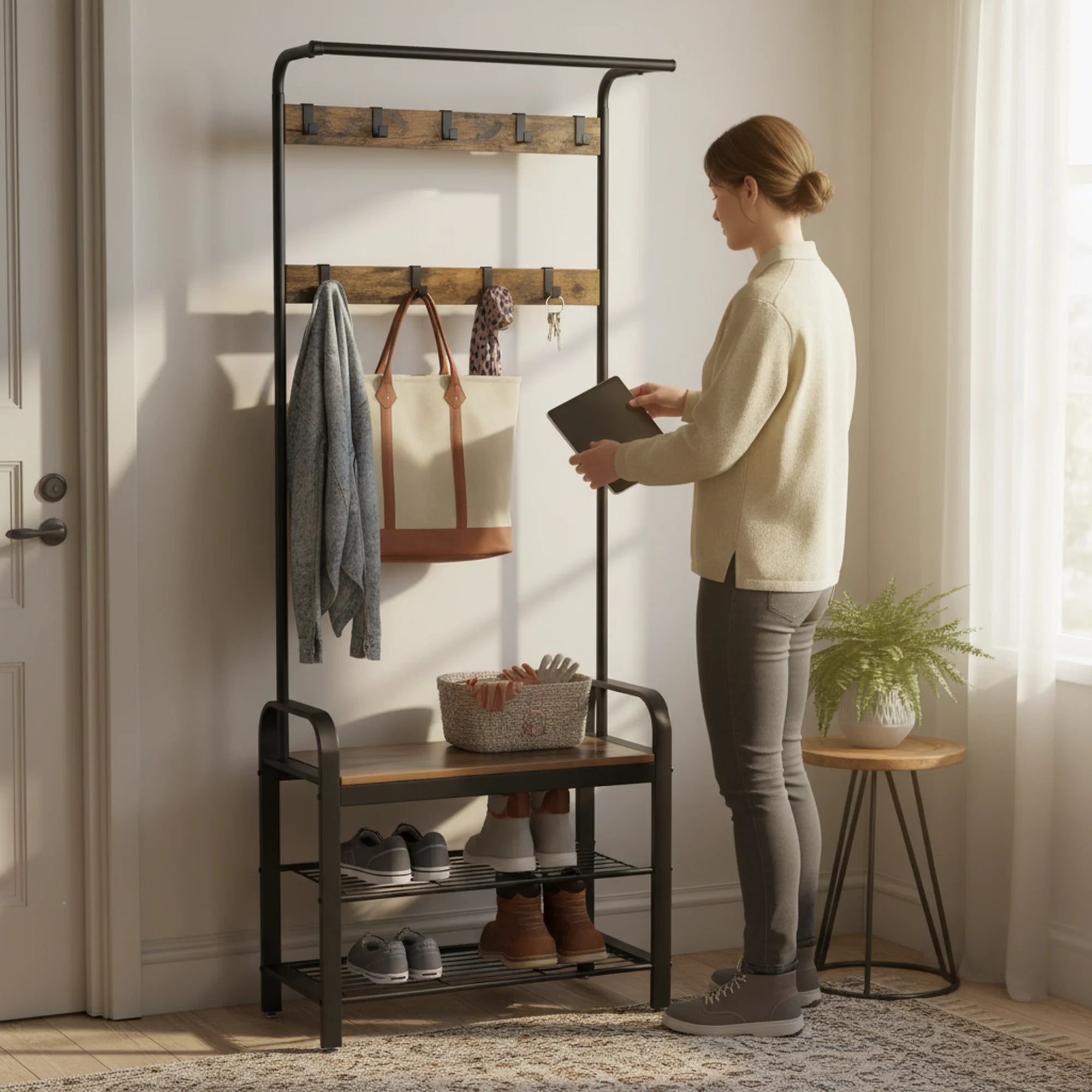 edx Coat Rack, 4-in-1 Shoe & Hat Rack with Shoe Bench, Includes 10 Removable Hooks & Hanging Rod