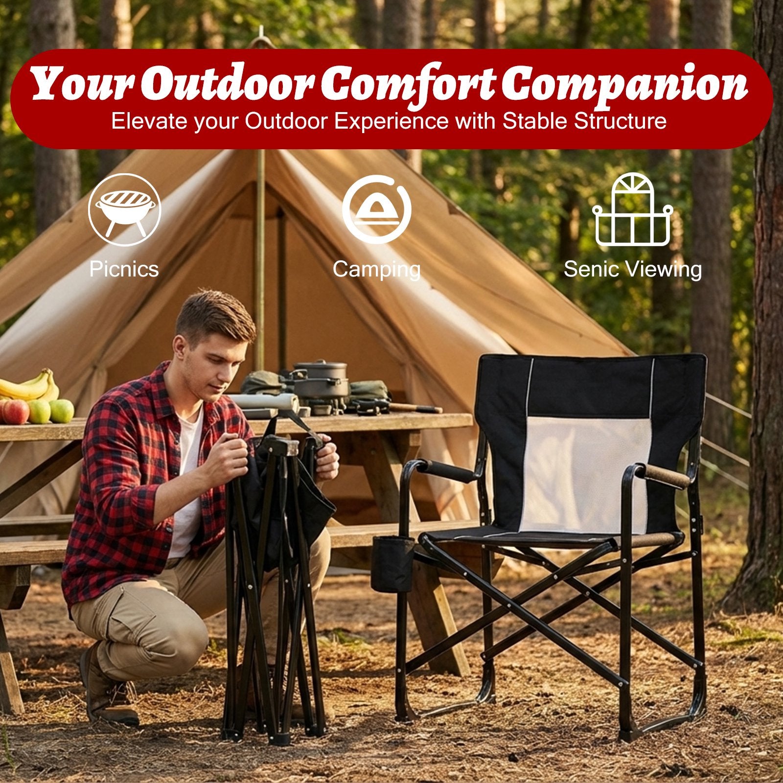 EDX Folding Camping Chair, Padded High Back, Adjustable Lumbar Support, Extra Wide for Adults, 500 lbs Steel Frame, Portable Outdoor