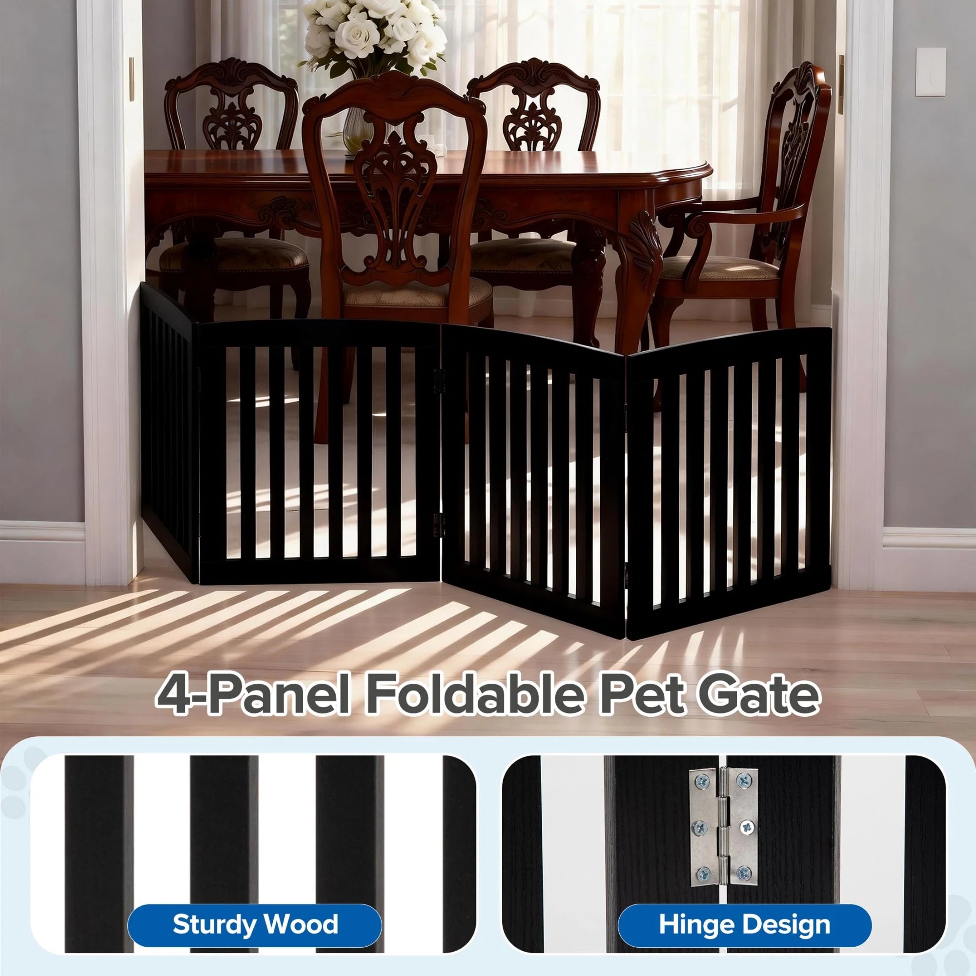 EDX 24" Height-4 Panels Wooden Pet Gate for Dogs and Cats, Foldable Freestanding Dog Gate with Hinge Design, Indoor Portable Extra Wide Dog Fence Pet Barrier, For Doorways, Stairs