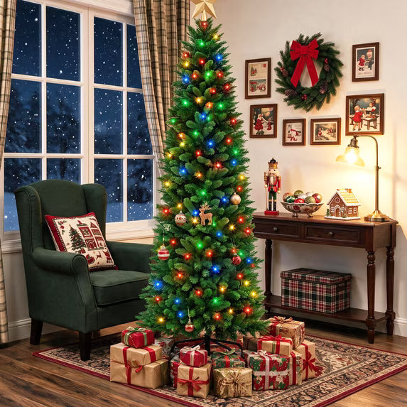 edx Pre-lit Snow Flocked Pencil Christmas Tree, Prelighted Artificial Slim Christmas Trees, With LED Lights,  Branch Tips & Foldable Base, For Home, Office, Party Decoration