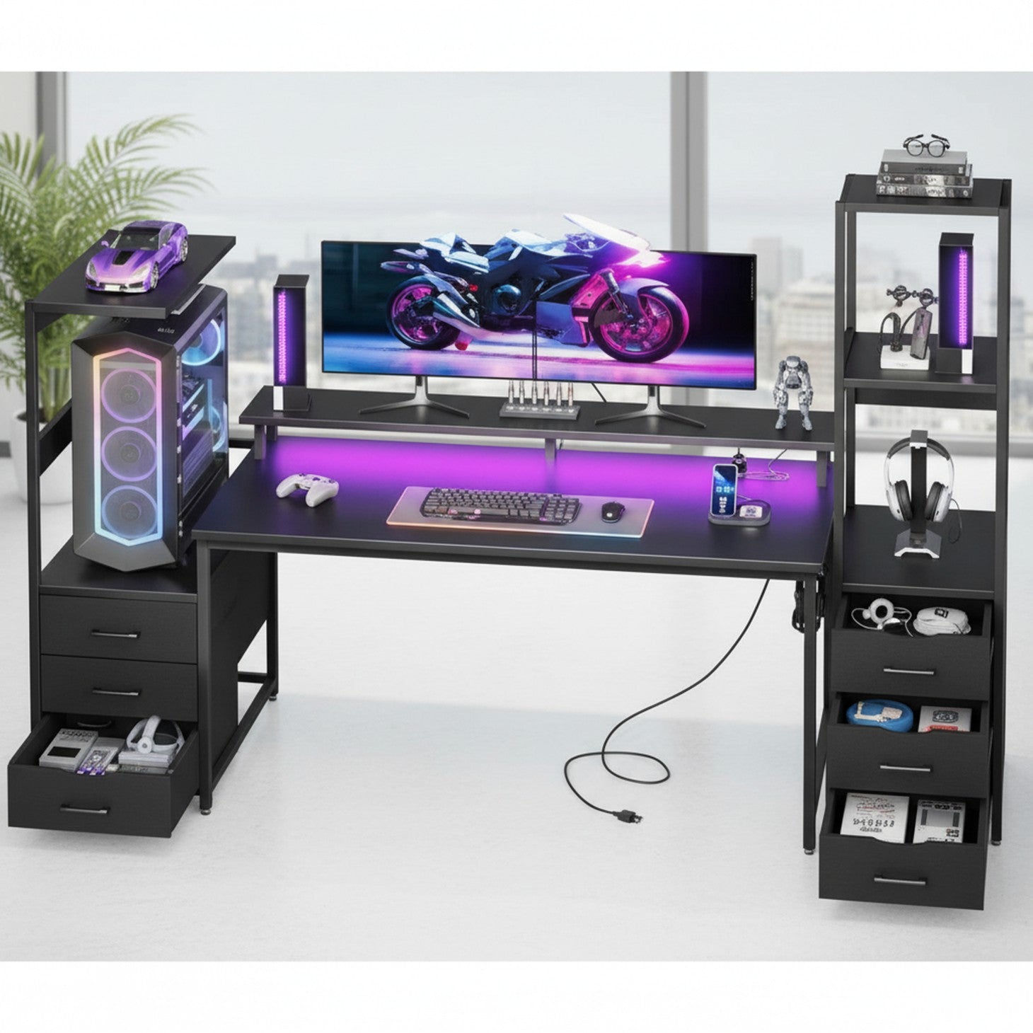 Edx Gaming Desk with Hutch & 3 Fabric Drawers, Computer Desk with USB Ports & LED Lights, Reversible Pc Gamer Table with Monitor Stand for Home Office