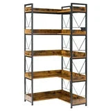 EDX 65 inch L Shaped Corner Bookshelf, 5 Tier l Bookcase with Open Storage Shelves,Industrial Wooden Bookcase with Metal Frame for Home Office, Living Room, Bedroom, Rustic Brown
