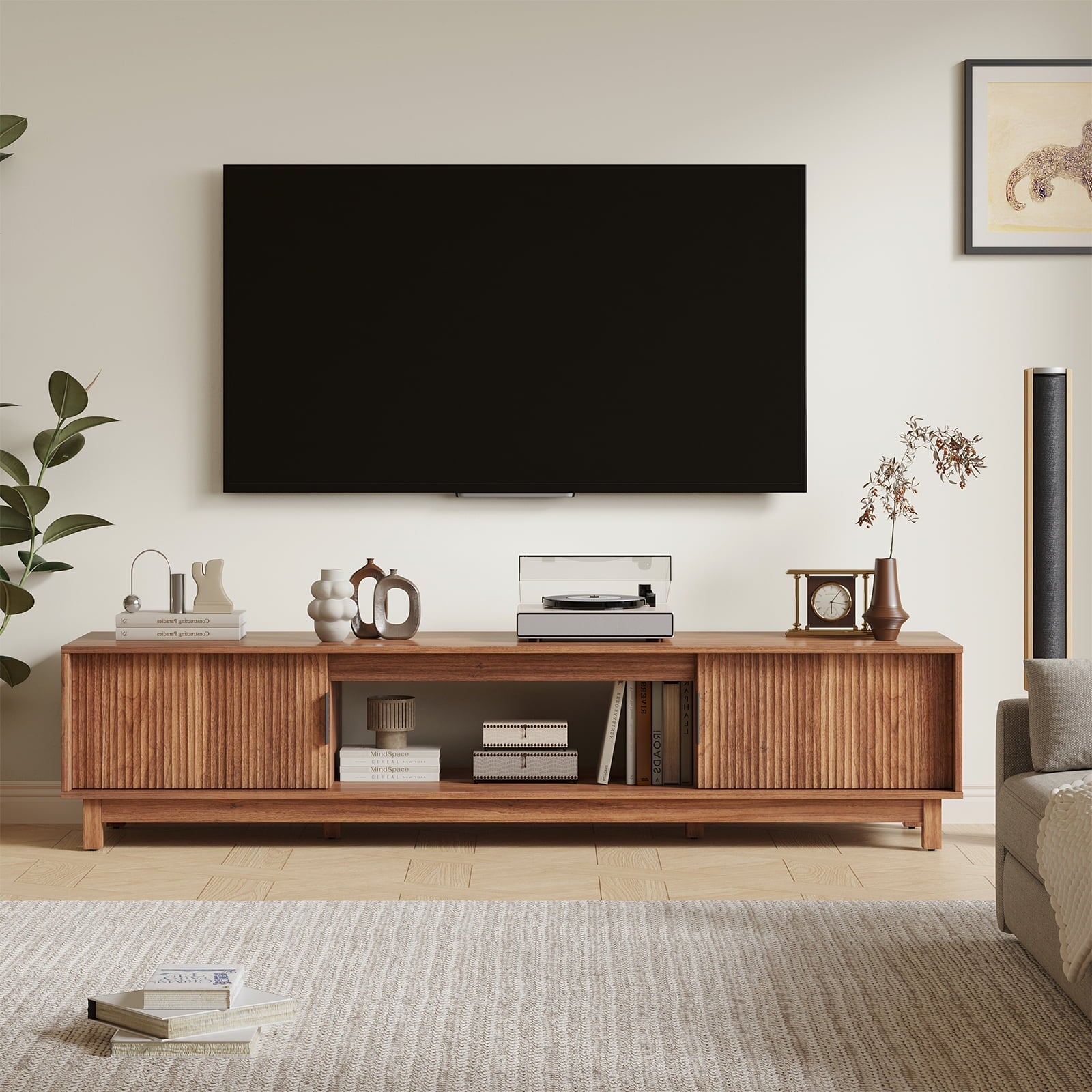EDX Rattan TV Stand for 70" TV with Cabinets and Shelves