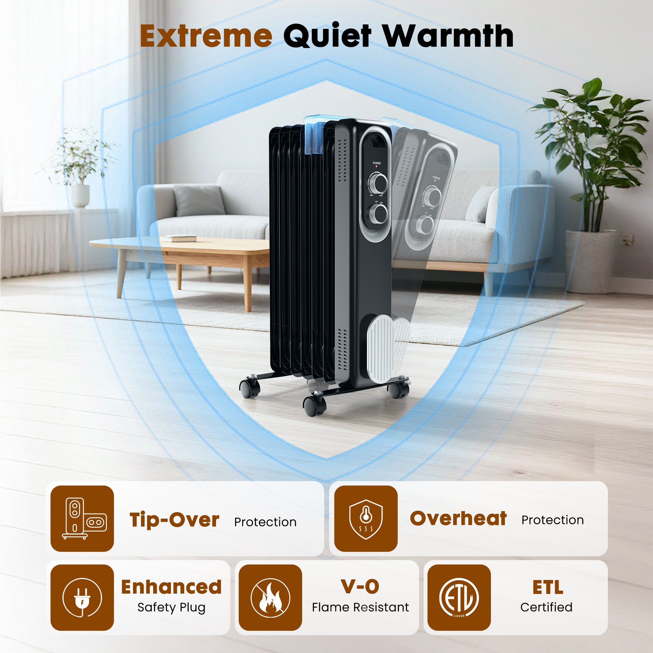 edx Basic Electric Oil Filled Radiator, 1500W Space Heater with Adjustable Thermostat, 22.83 x 11.81 x 4.92 in