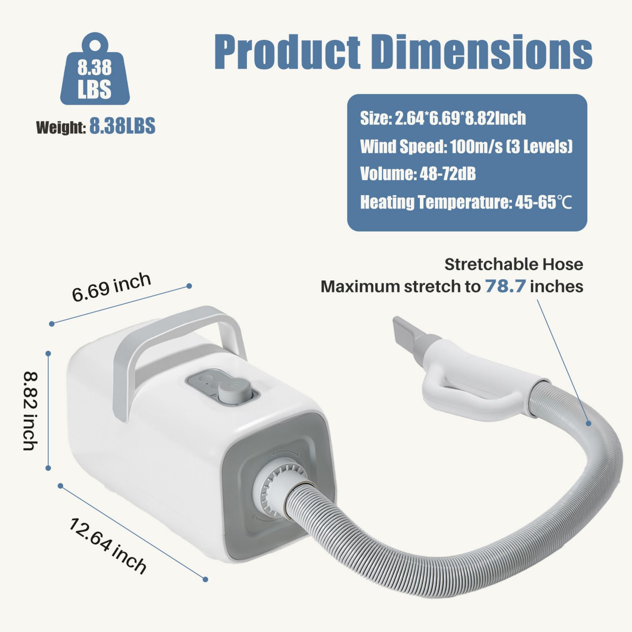 EDX Dog Blower Pet Hair Dryer with Adjustable Wind Speed & Heater Temperature, High Velocity Large Dog Hair Grooming Blower, 4 Nozzles, 6.5ft Cord for Dog Hair Force Blower