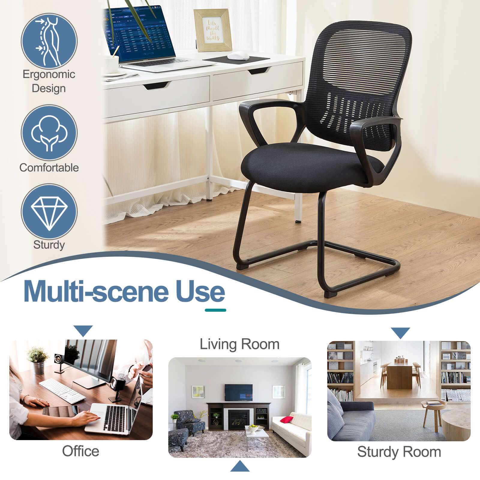 Ergonomic office chair - with storage basket, no wheels, breathable back, suitable for office, bedroom, living room.