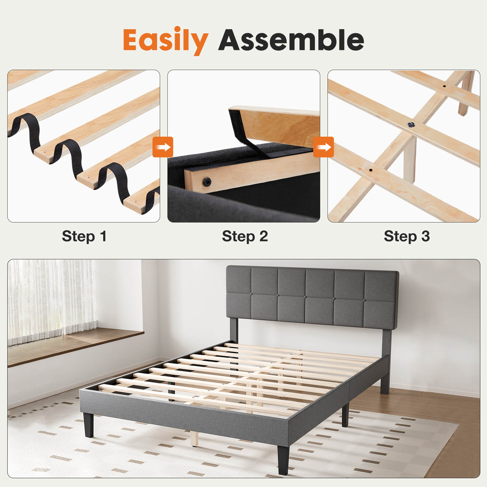 Platform Bed Frame with Headboard-No Box Spring Needed, Linen Upholstered Bed Frame with Wood Slats Support, Noise Free