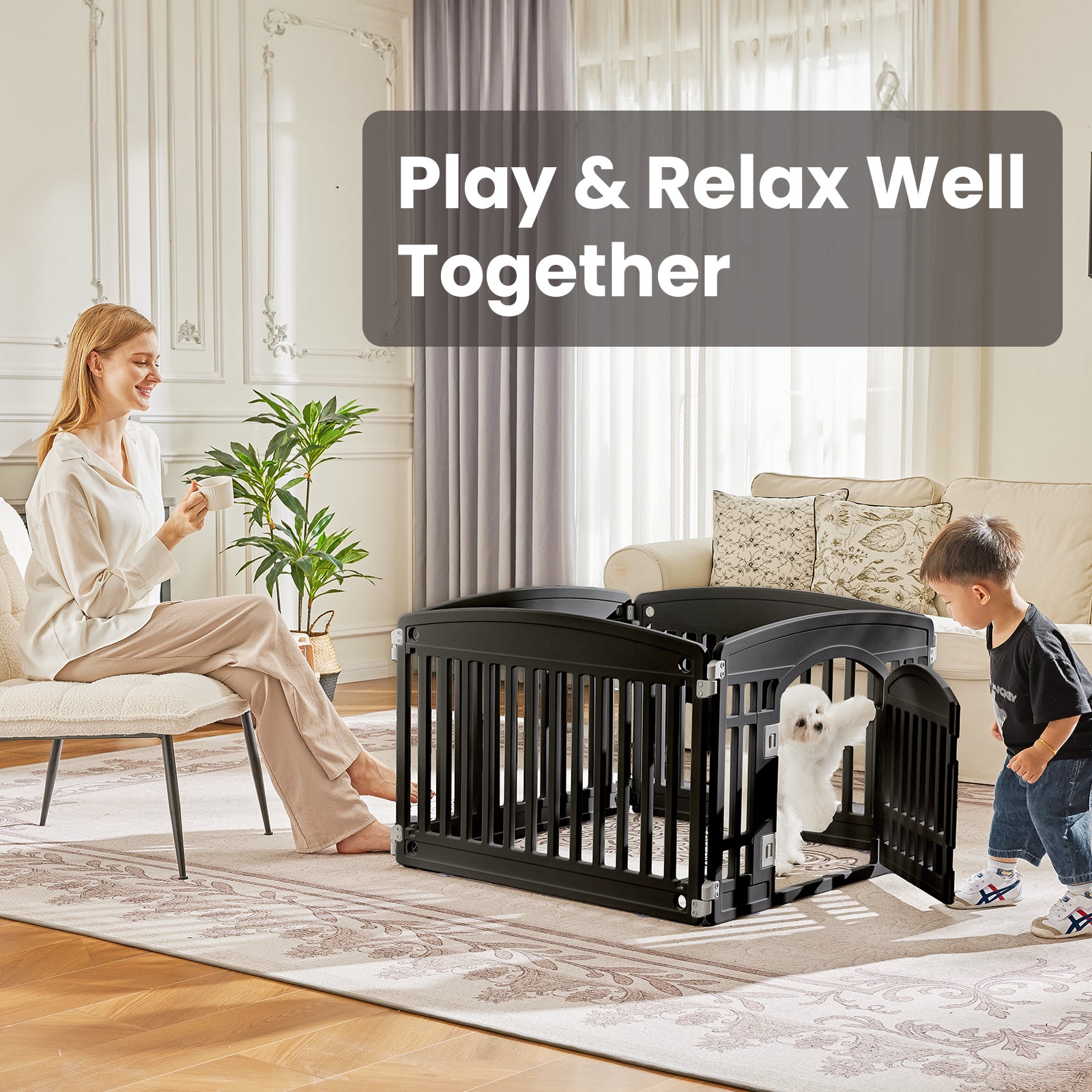 Dog Playpen, 4-Panel 24" Foldable Pet Playpen with Door, Indoor/Outdoor Puppy Pen, Customizable, White