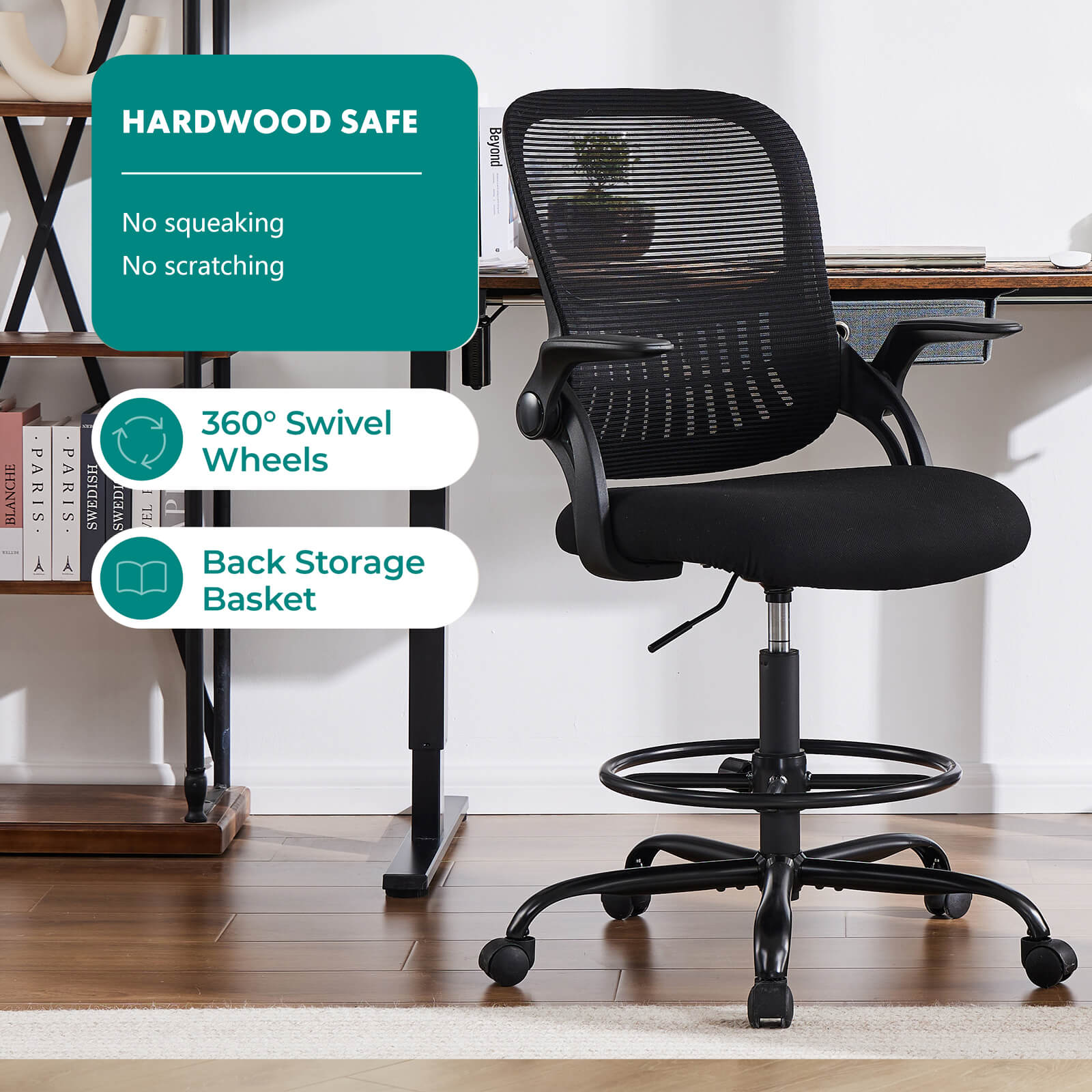 Office Computer Desk Chair, Ergonomic Chair with Flip-up Armrests and Lumbar Support, Height Adjustable, Breathable Mesh Back