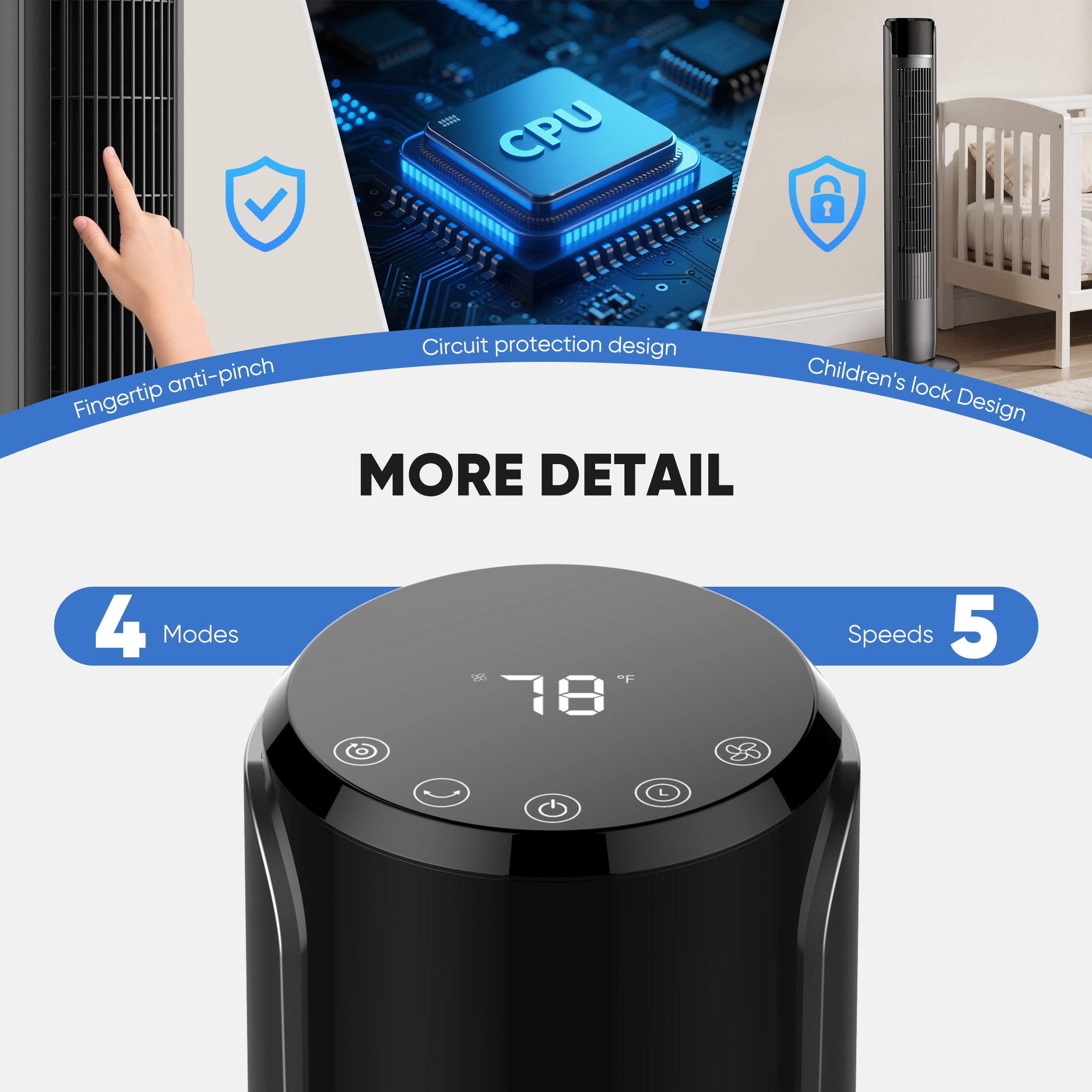 EDX Tower Fan for Home, 36" Standing Floor Fan, 25 ft/s Bladeless Fan Cold Air, 28dB Quiet for Sleep, Remote, 60° Oscillation, 12H Timer, 5 Speeds, 4 Modes, LED Display，Black