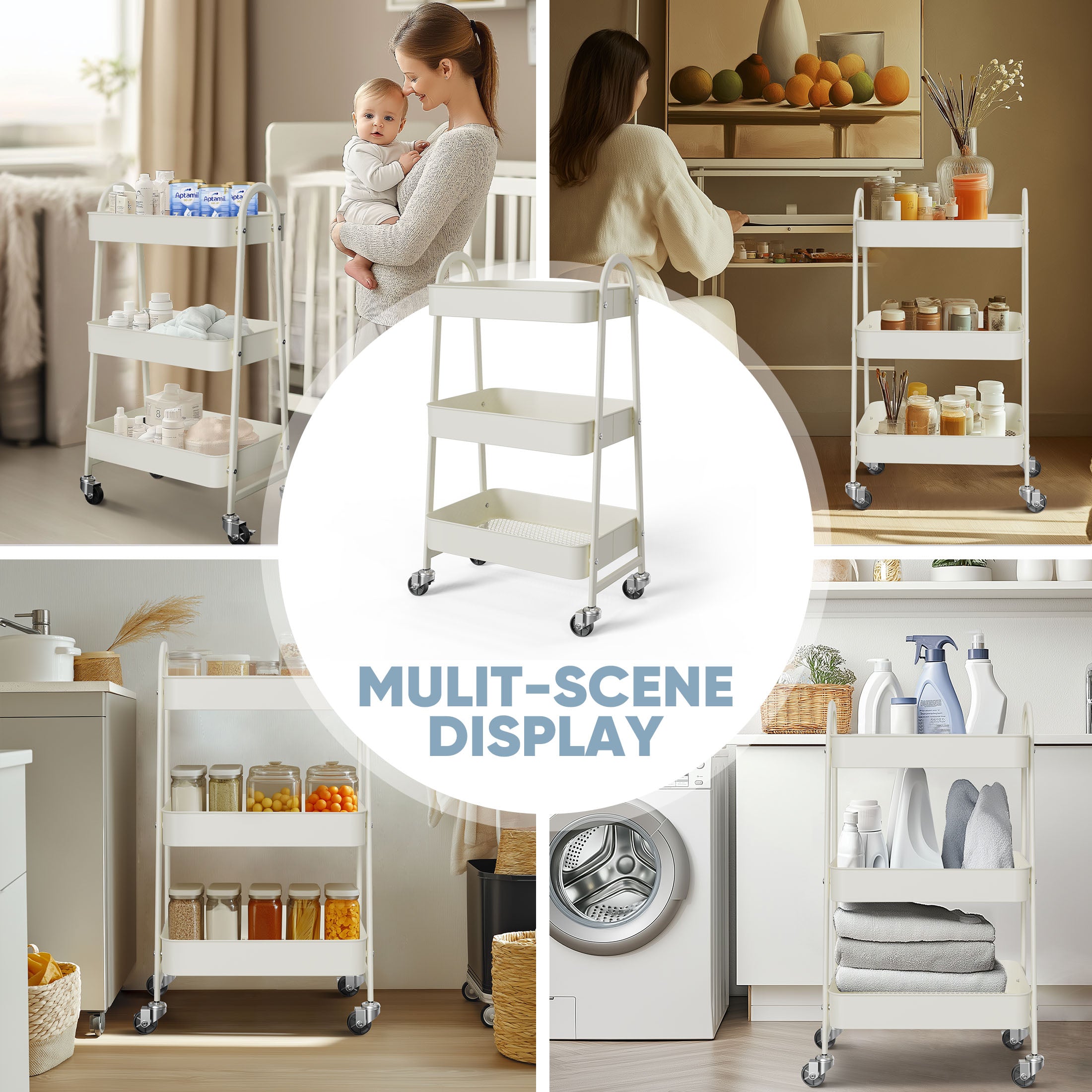 3 Tier Rolling Cart, Metal Utility Cart Storage Organizer with Lockable Casters, Multi-Functional Mesh Rolling Storage Cart for Kitchen Office