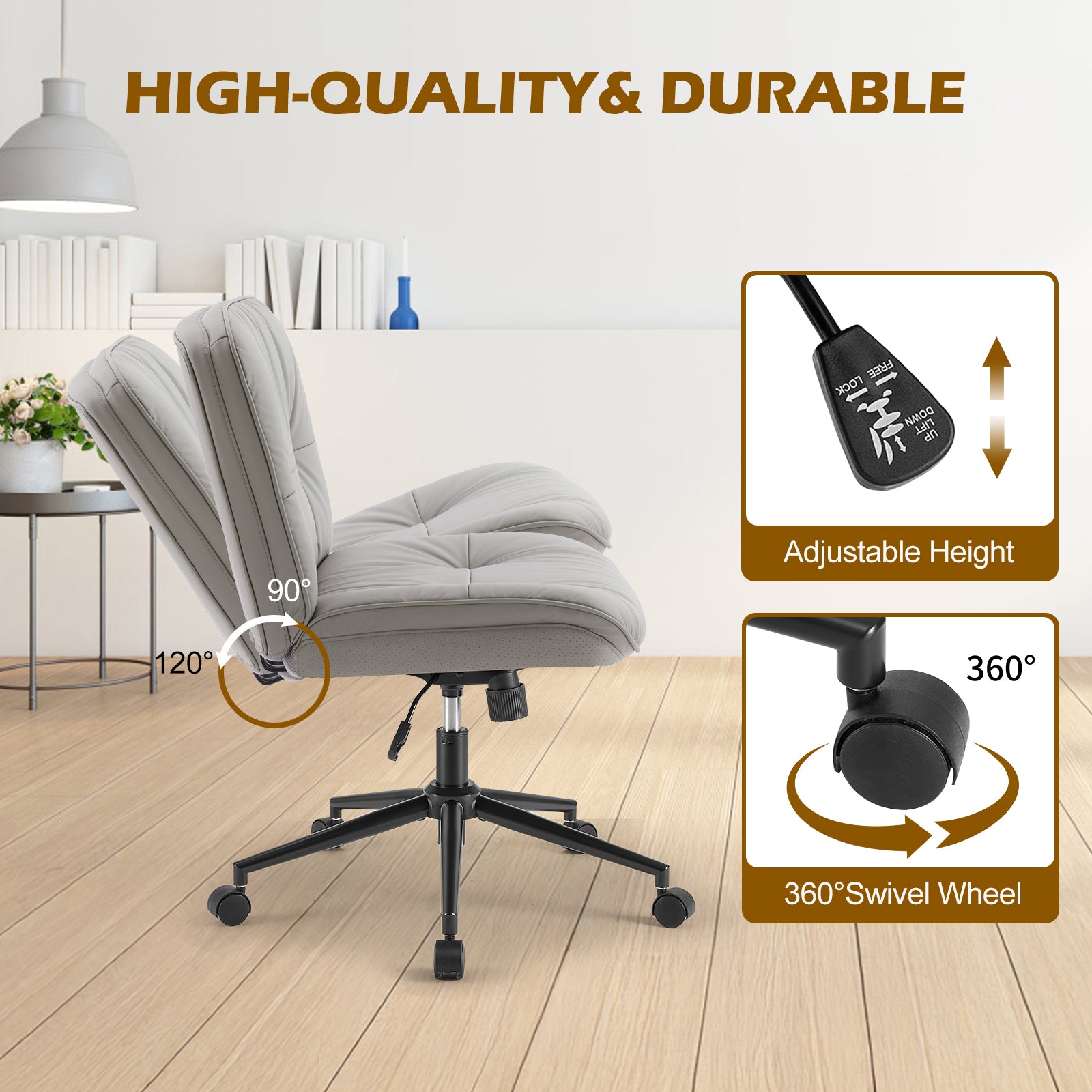 EDX Armless Desk Chair with Wheels, Leather Upholstered Wide Seat Home Office Chair, 130° Rocking Mid Back Computer Chair, Perfect for Office, Bedroom, and Makeup