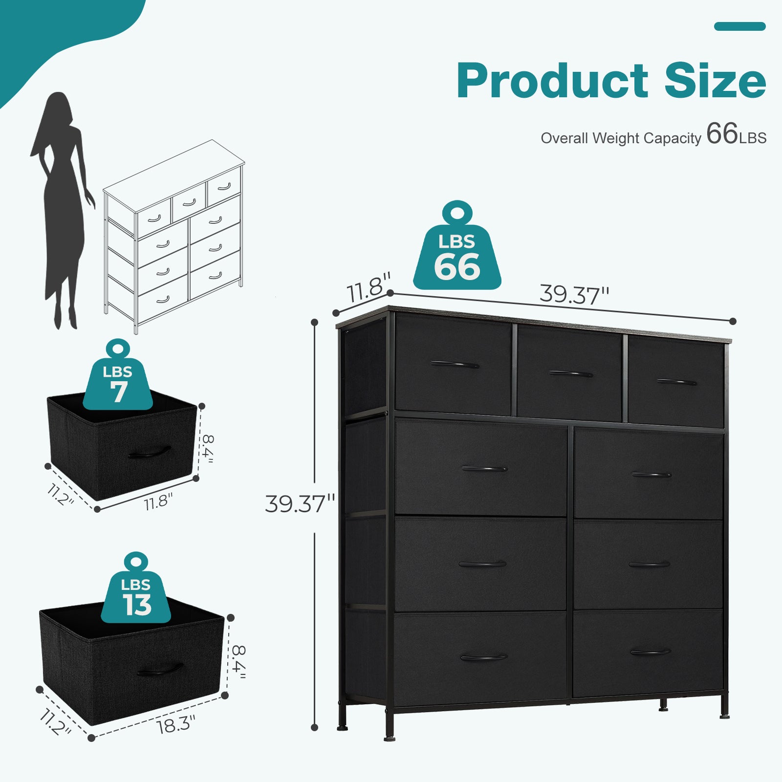 EDX 9 Drawer Dresser, Wide Chest of Drawers Nightstand Storage Tower Storage Fabric Dresser with Wood Top for Living Room, Bedroom, Hallway