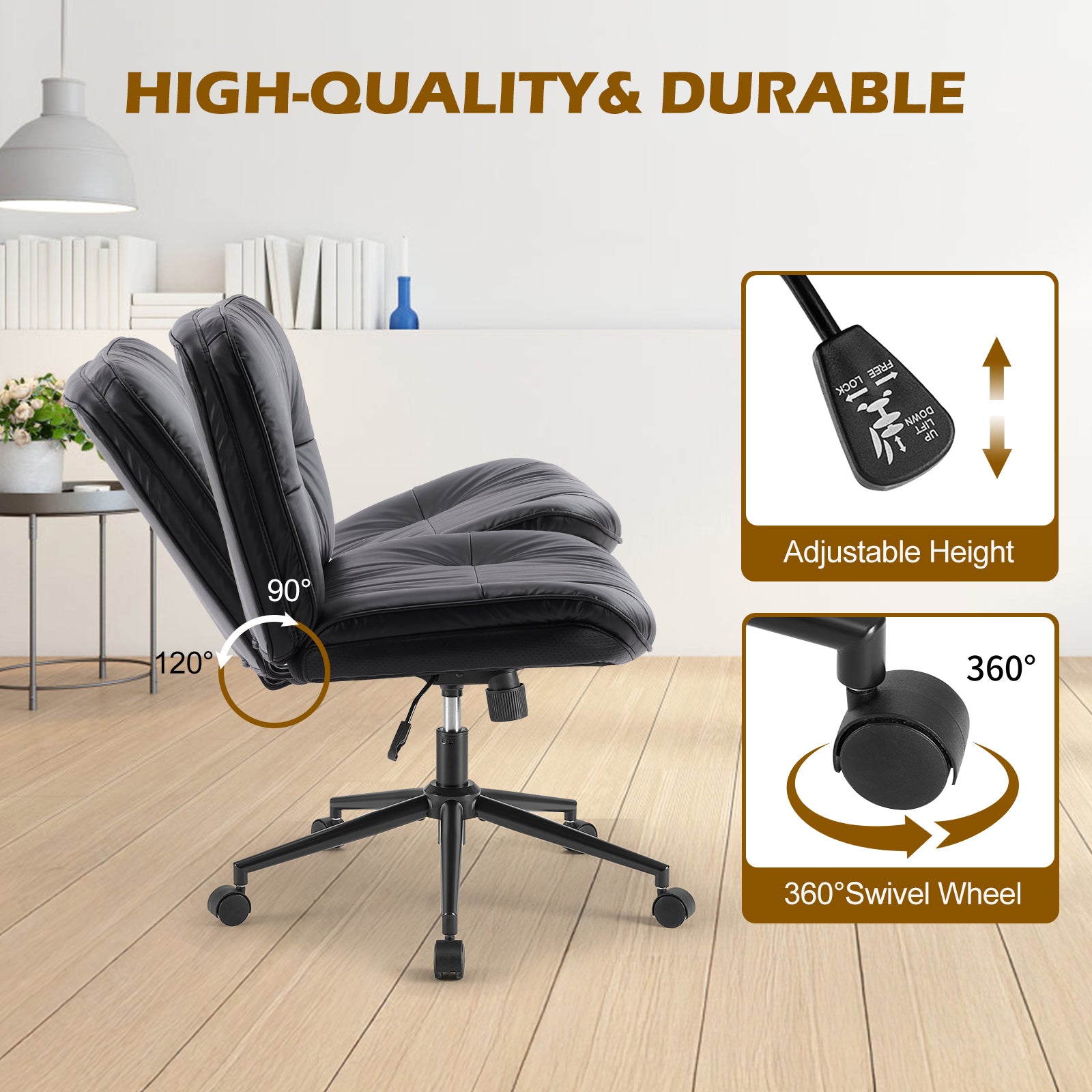 EDX Armless Desk Chair with Wheels, Leather Upholstered Wide Seat Home Office Chair, 130° Rocking Mid Back Computer Chair, Perfect for Office, Bedroom, and Makeup