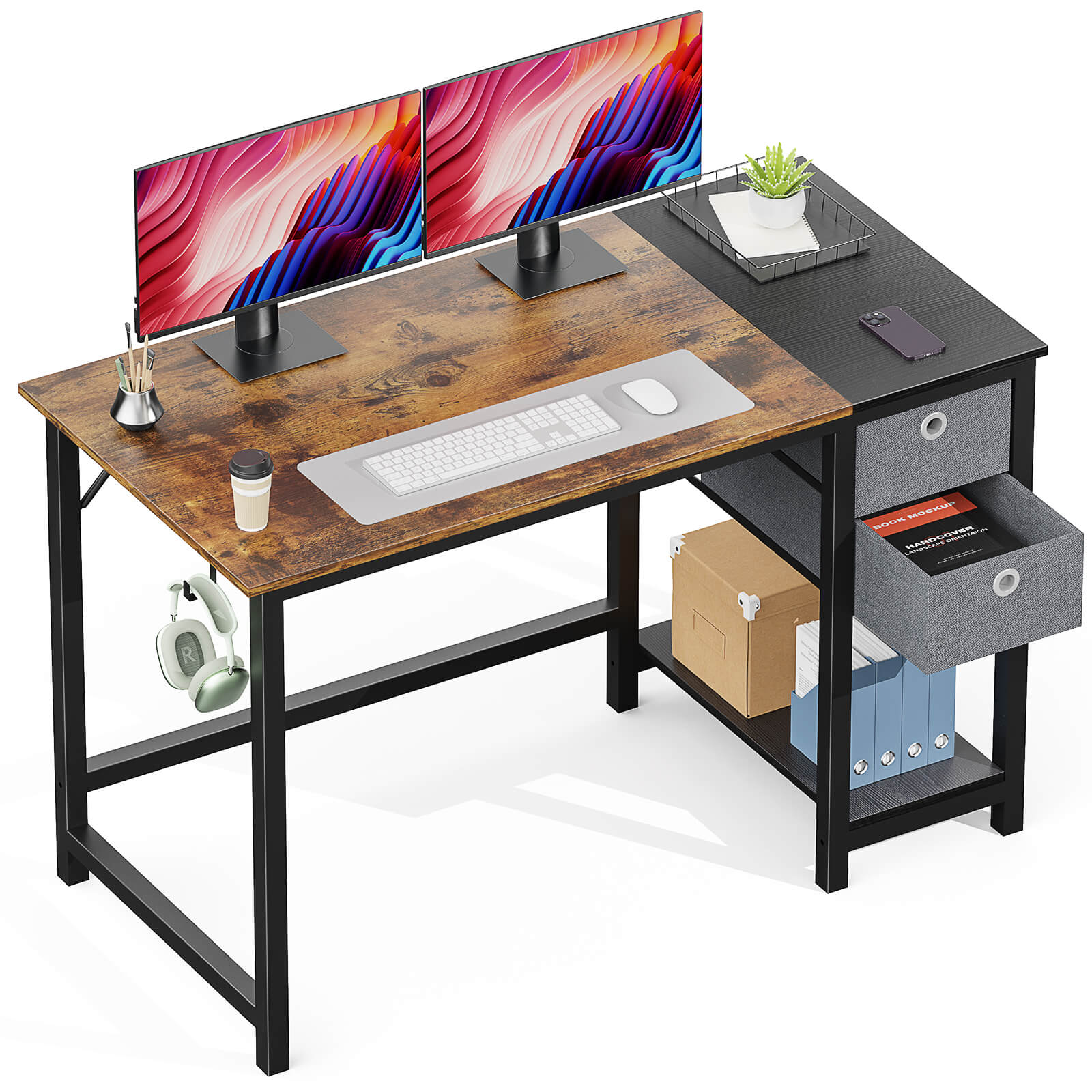 Computer Desk -40/47/55 inch Desk Study Desk with 2 Drawer Storage Shelf Headphone Hook for Bedroom, Game Room, Office, Living Room