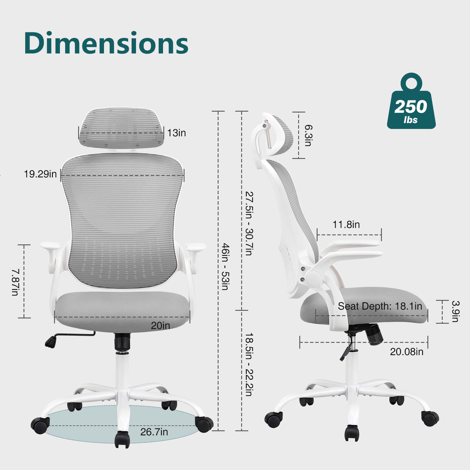 Ergonomic office chair - high back with wheels, adjustable headrest and flip-up armrests for bedroom, study, living room, office