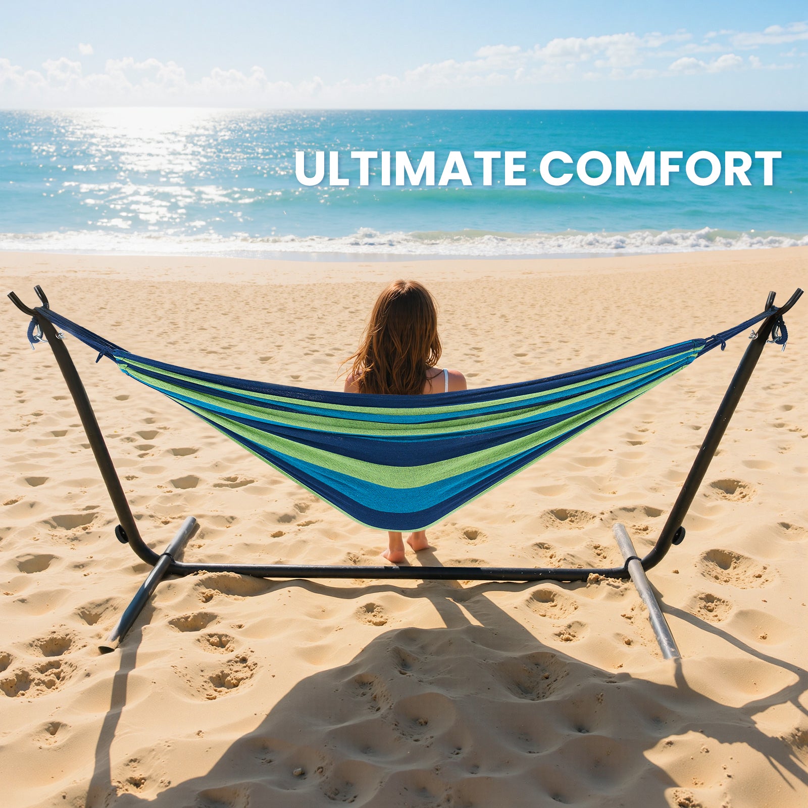 EDX Double Hammock with Space Saving Steel Stand, 2 Person Heavy Duty Outdoor 450lb Capacity Standing Hammocks, Upgraded Polyester End Strings, Portable Carrying Bag Included