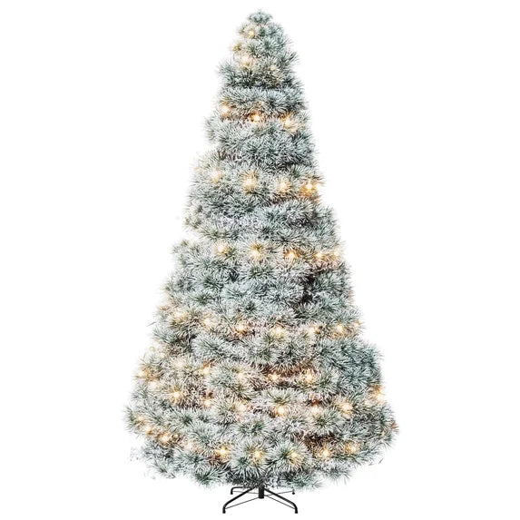 edx Pre-lit Snow Flocked Artificial Christmas Tree, Prelighted Artificial Xmas Tree, With  Branch Tips,  LED Lights & Foldable Base, For Home, Office, Party Decoration