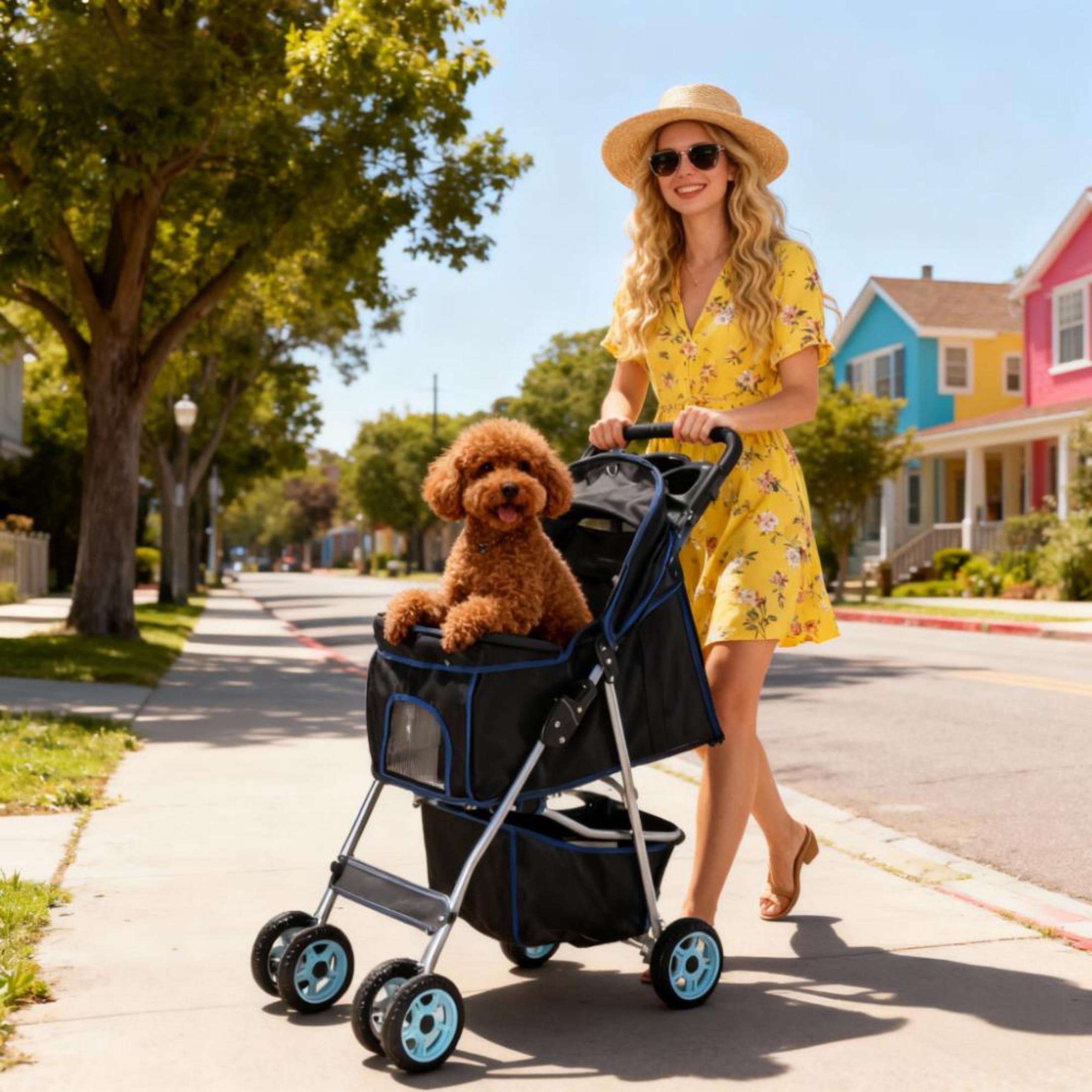 edx 4 Wheels Pet Stroller, Dog and Cat Strollers, With Storage Basket and Cup Holder, Lightweight Travel Carrier, Breathable Mesh, Waterproof and Foldable for Small Pets Outdoor Walk, Black