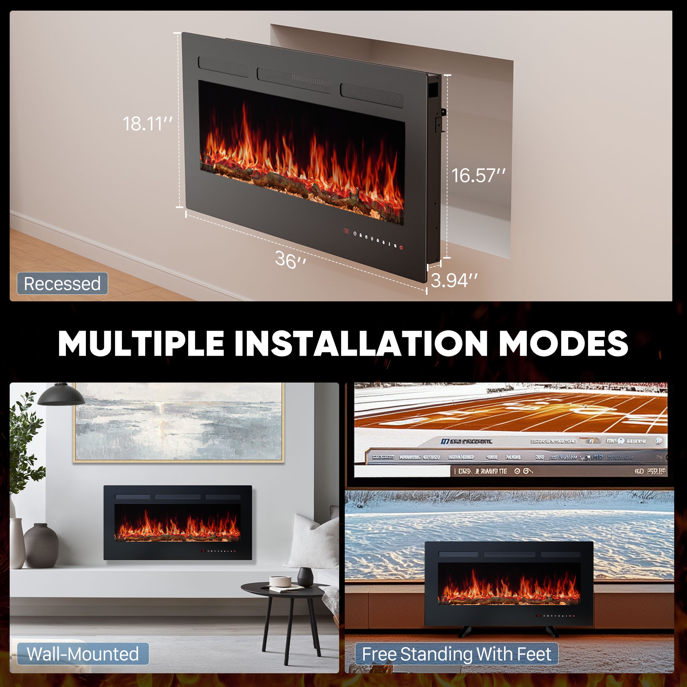 Electric Fireplace, 1500W/750W Wall Mount or Recessed Fireplace Insert and Freestanding, Electric Fireplace Heater with Remote Control,13 Adjustable Flame Color, 12H Timer, Touch Screen