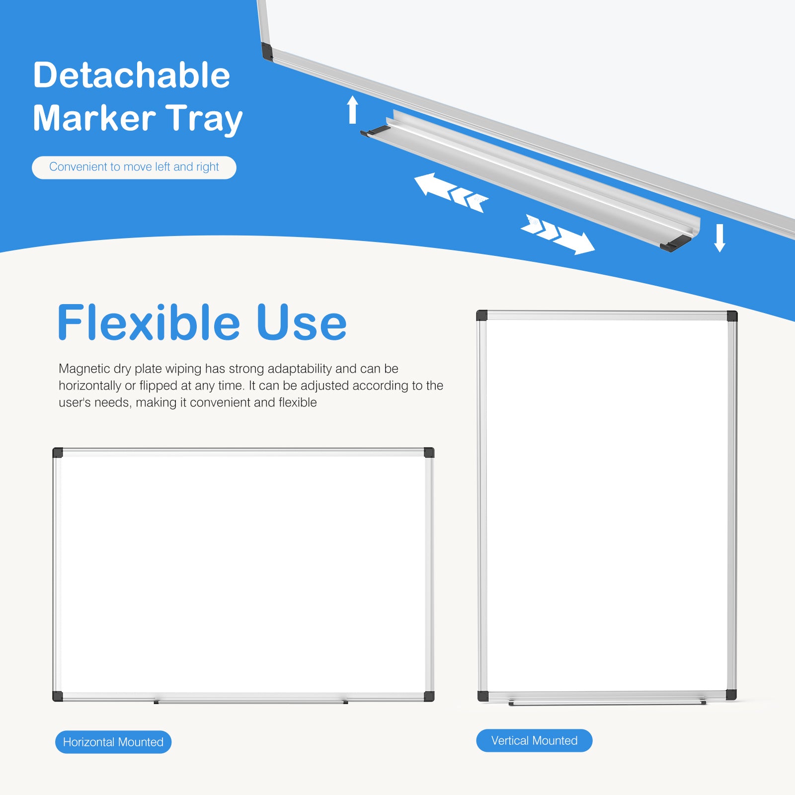 EDX Magnetic Dry Erase Board, 36 X 24 Inches, Two Mounting 0ptions, Horizontal or Vertical，With Left and Right Removable Pen Tray, Silver Aluminium Frame, White