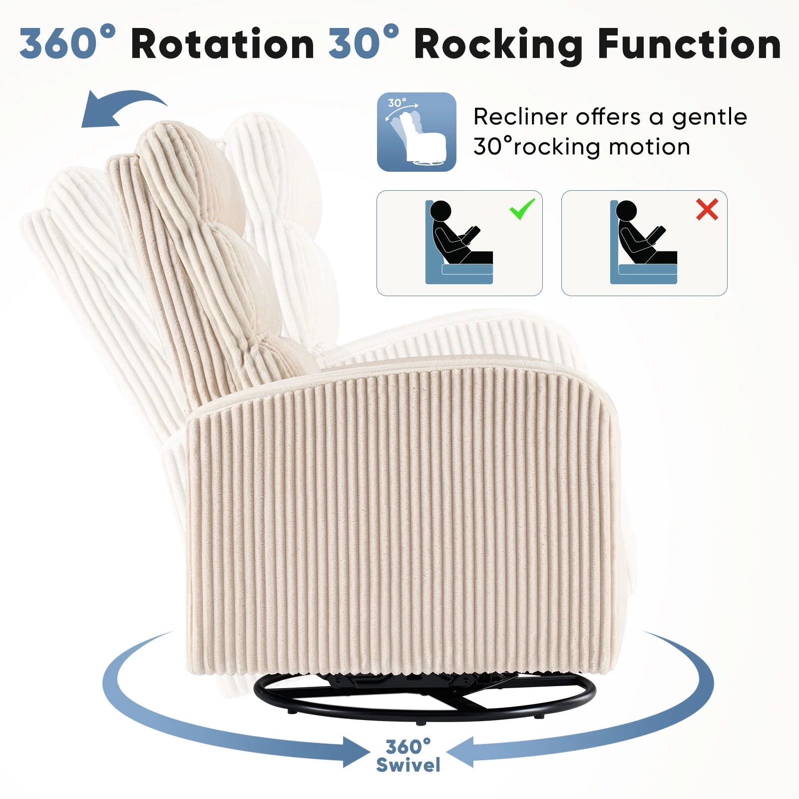 EDX 360°Swivel Nursery Chair, Comfy Chair for Bedroom, Rocking Chair with Thickened Seat Cushion, High Back Sofa Chairs for Living Room, Nursery Room and Reading Room