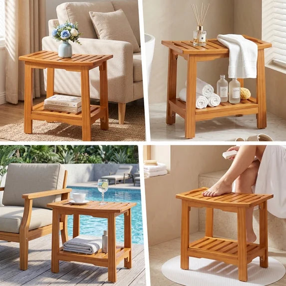 edx Shower Bench, Waterproof Shower Stool for Inside Shower with Storage Shelf & Handles, 250 LBS Capacity, Non-Slip Bathroom Bench for Shaving Legs and Spa, Indoor or Outdoor Use, Brown