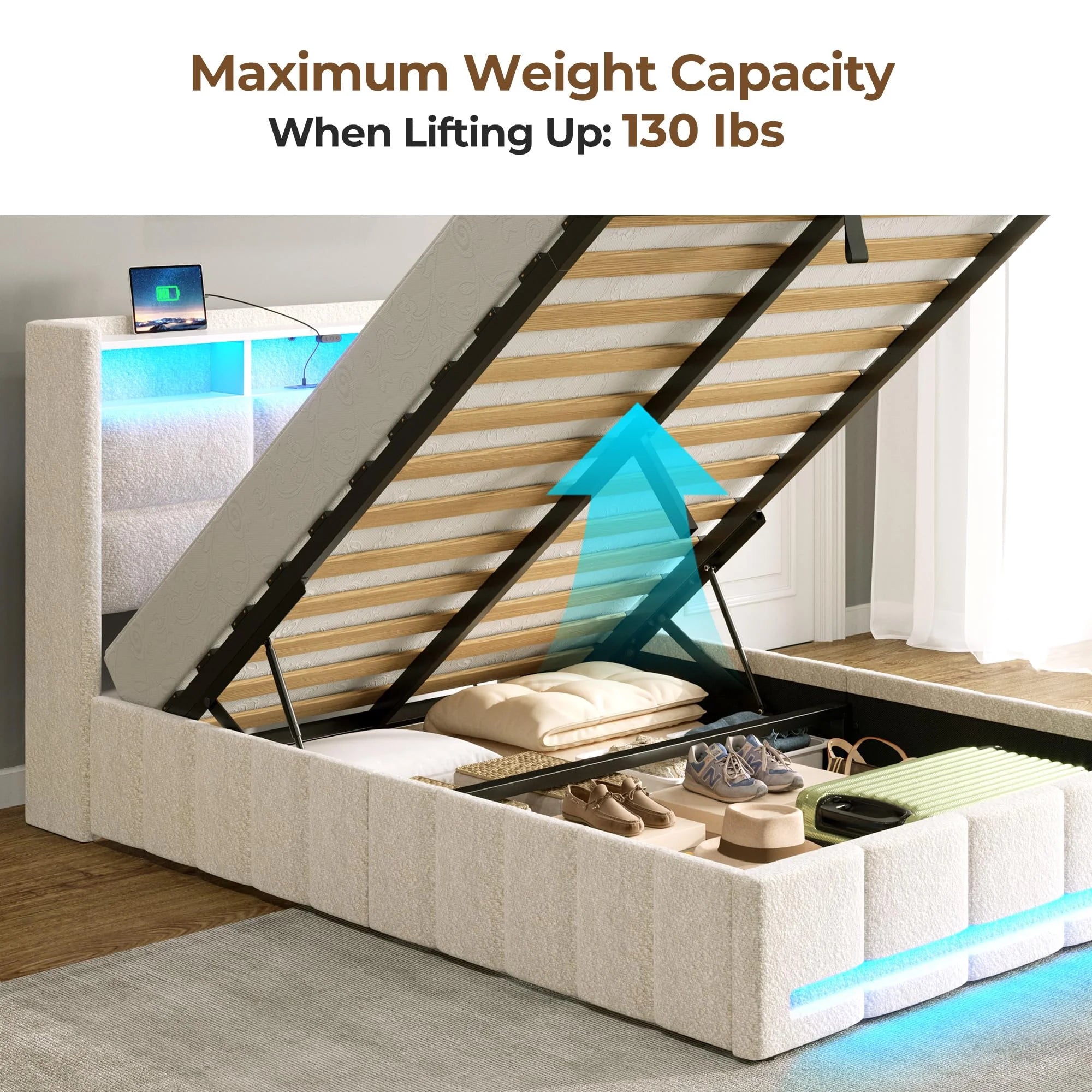 edx Upholstered Lift Up Storage Bed with LED Lights & USB Charging Station, Twin Size Platform Bed Frame with Underbed Storage, No Box Spring Needed, Wood Slat Support
