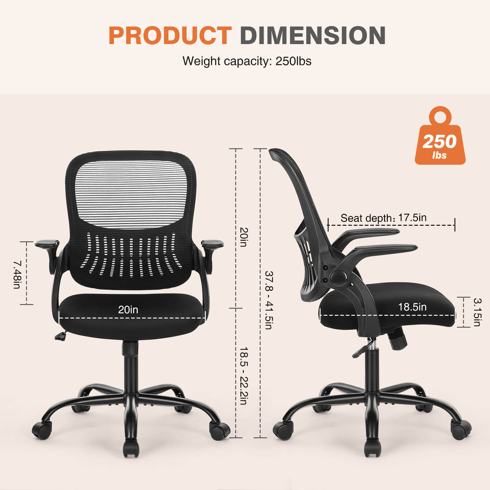 Office Computer Desk Chair-Ergonomic Chair with Wheels, Comfortable Lumbar Support, Comfy Flip-up Arms for Home, Office