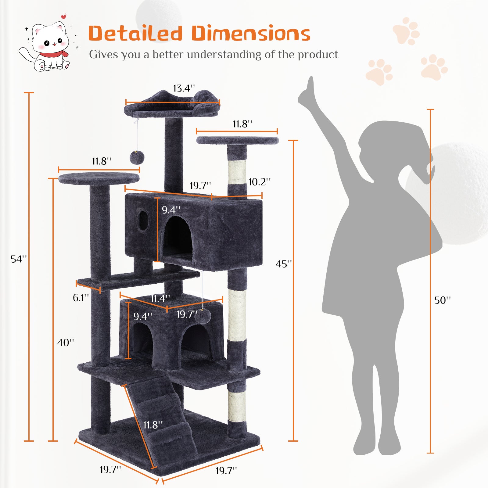 54'' Cat Tree Tower for Indoor Cats, Multi-Level Pet Furniture with Sisal Scratching Post, Large Cozy Condo, Climbing Ramp, Kitten Toy, Dark Grey