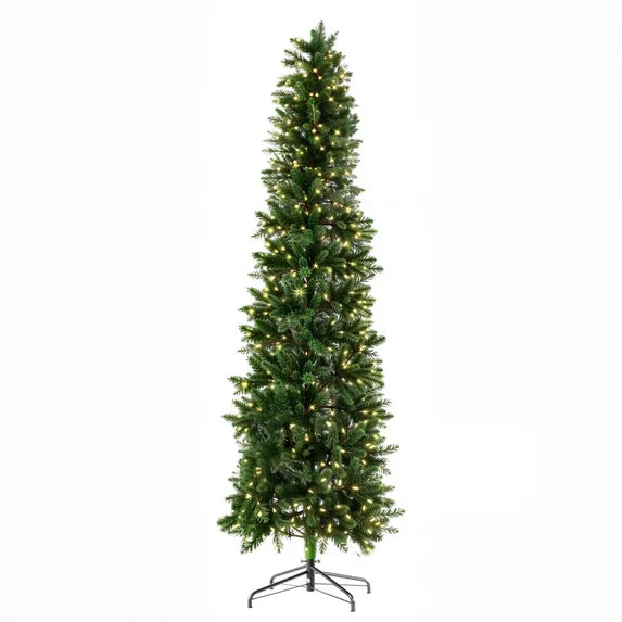 edx Pre-lit Snow Flocked Pencil Christmas Tree, Prelighted Artificial Slim Christmas Trees, With LED Lights,  Branch Tips & Foldable Base, For Home, Office, Party Decoration