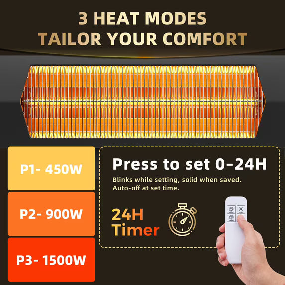 EDX Wall Mounted Infrared Space Heater, 1500W Adjustable Angle Heater with Remote & Timer for Indoor Outdoor Use, Black